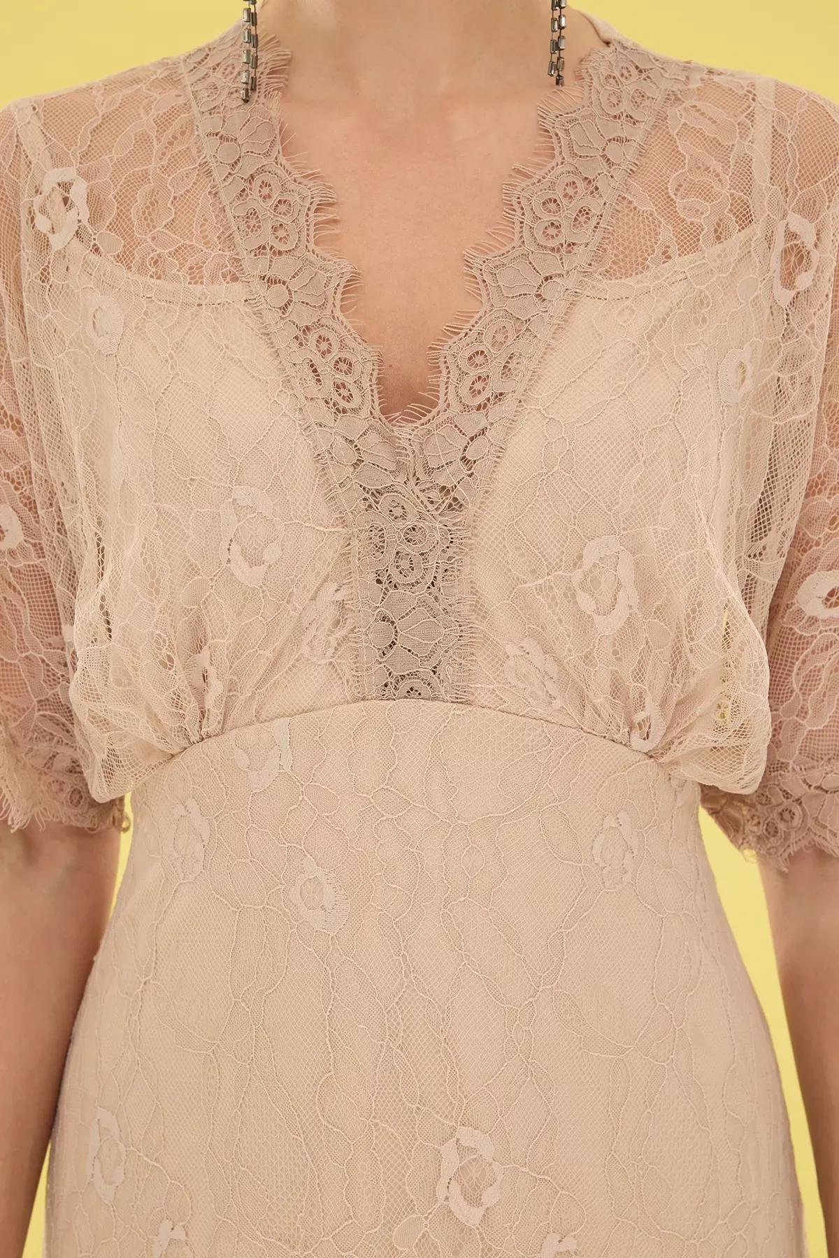 Beige A-Line Lace Knitted Occasionwear Dress, , large image number 2
