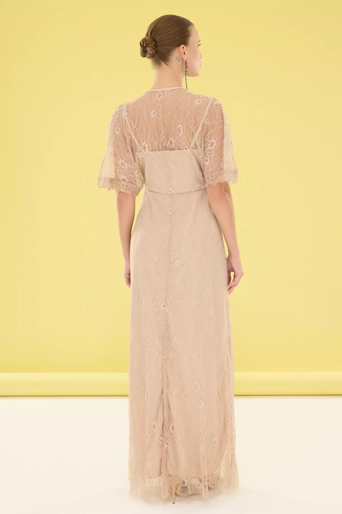 Beige A-Line Lace Knitted Occasionwear Dress, , large image number 3