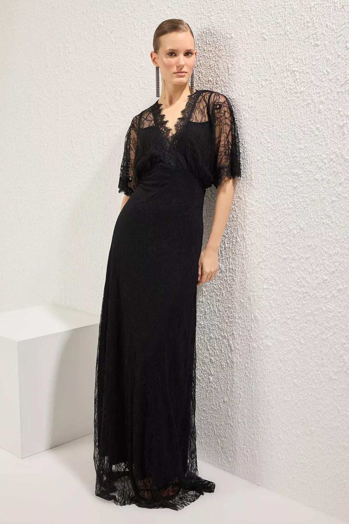 Black A-Line Lace Knitted Occasionwear Dress, , large image number 1