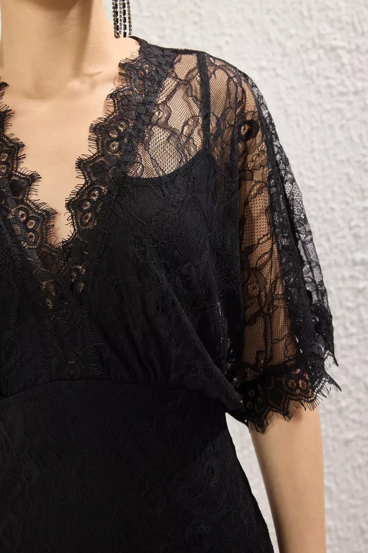 Black A-Line Lace Knitted Occasionwear Dress, , large image number 2