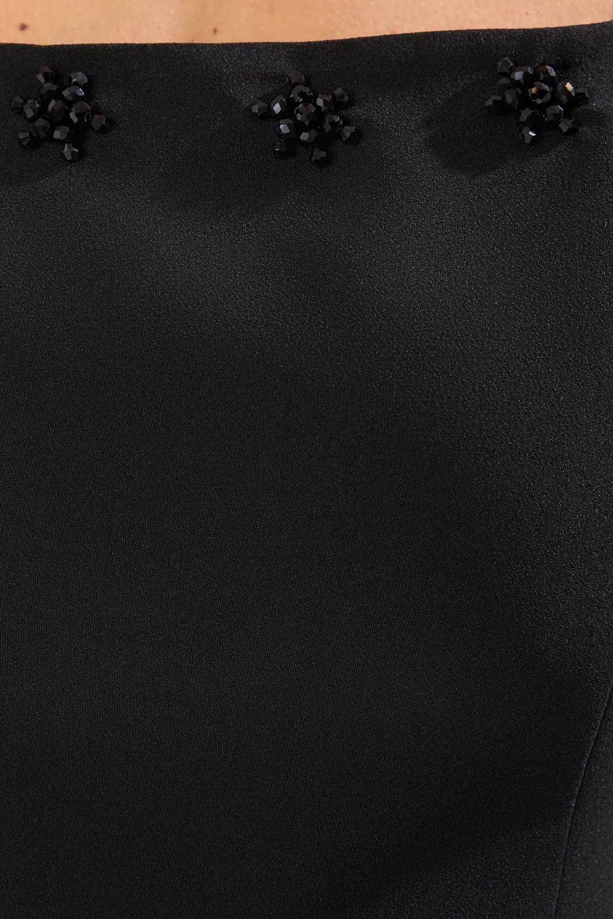 Black A-Cut Accessory Detail Midi Dress, , large image number 2