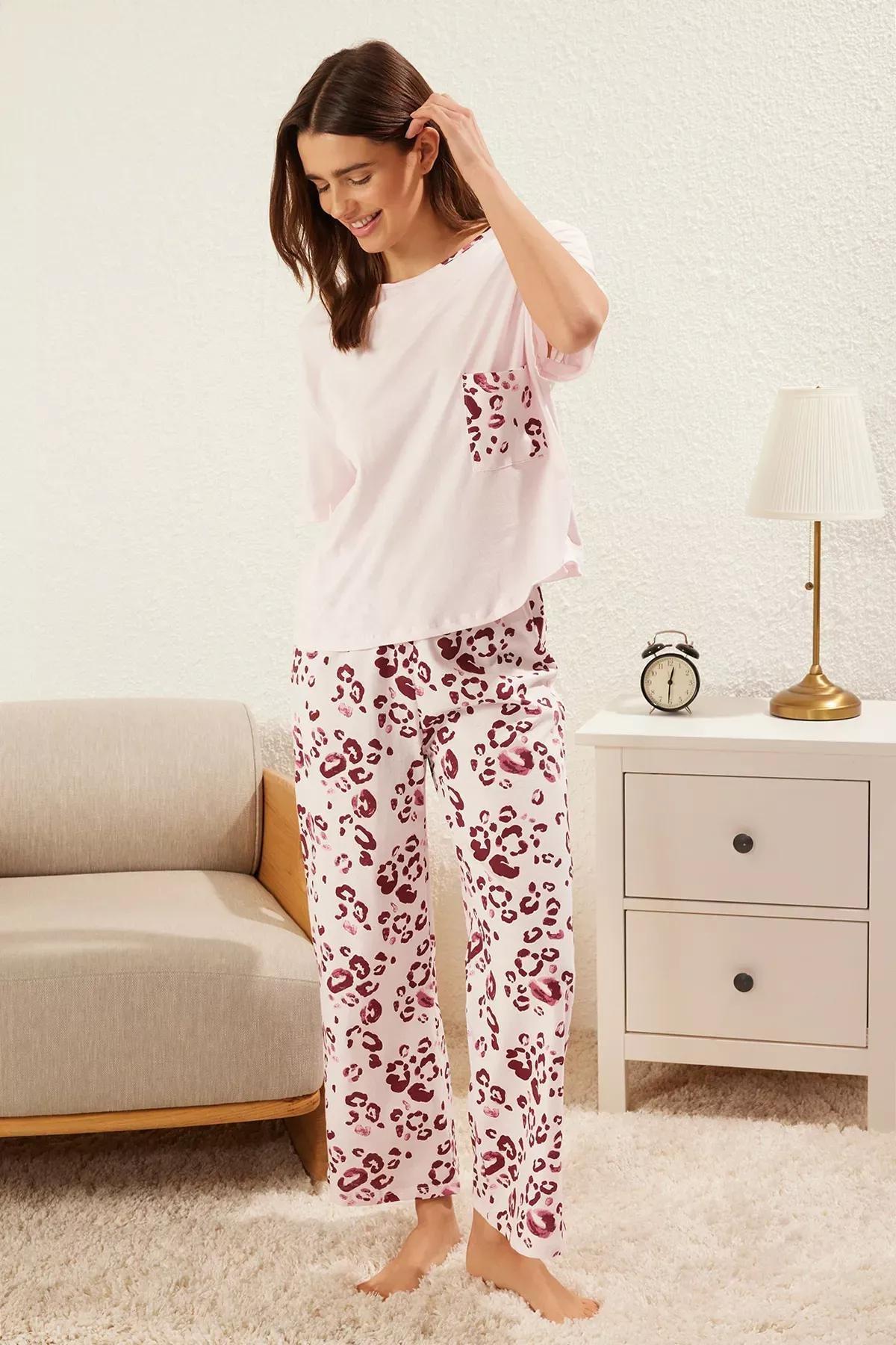 Pink Leopard Patterned Knitted Pyjamas Set, , large image number 0