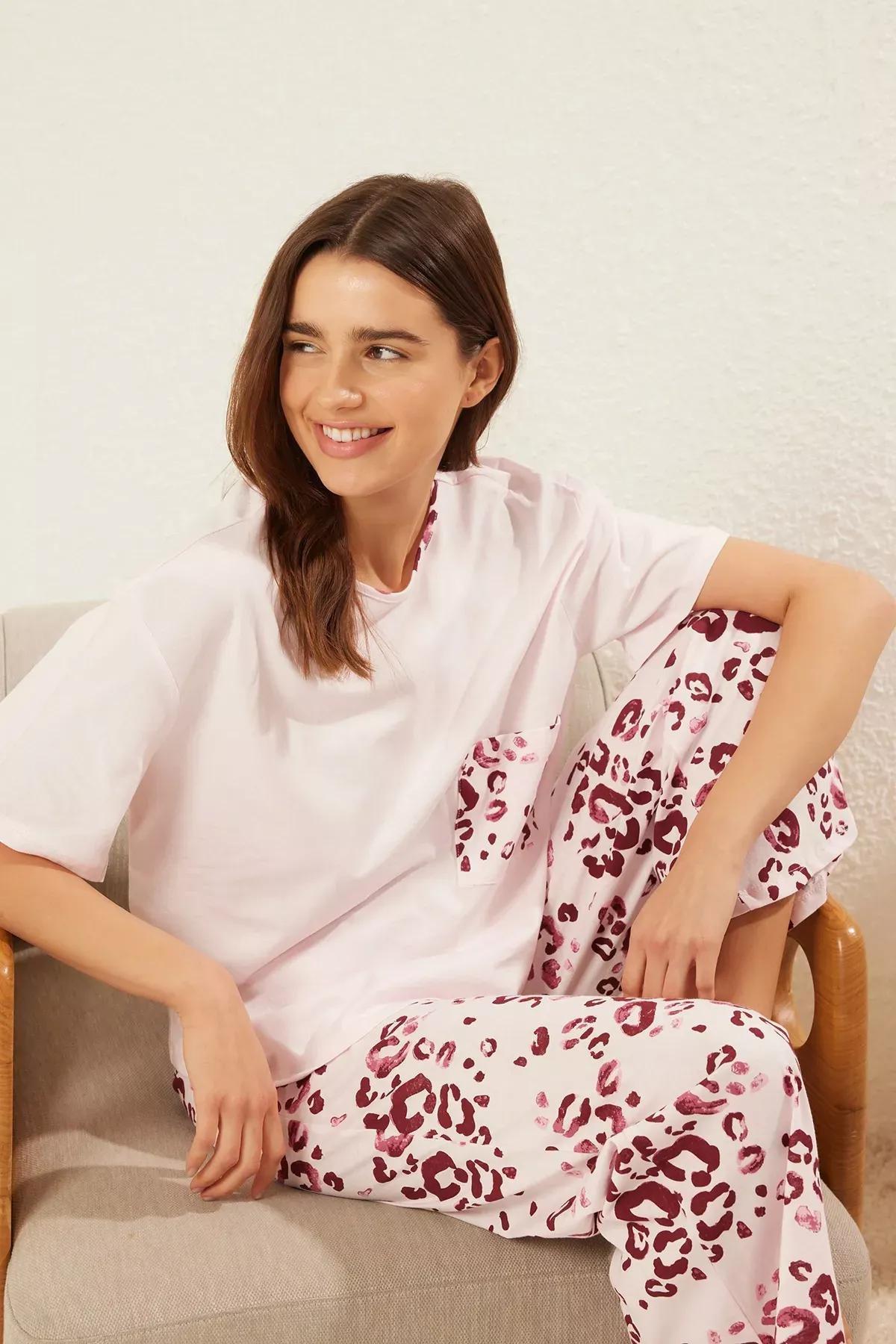 Pink Leopard Patterned Knitted Pyjamas Set, , large image number 1