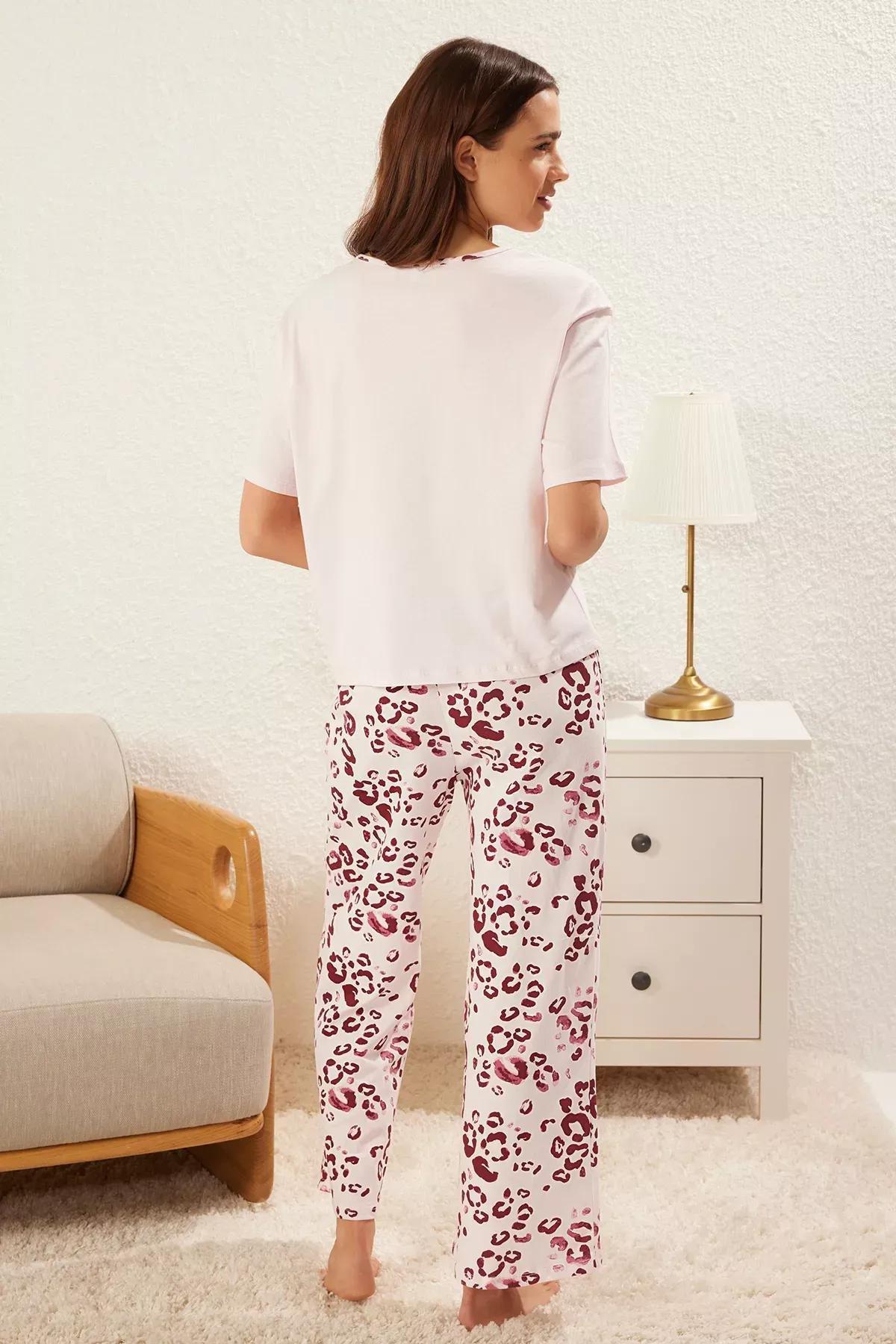Pink Leopard Patterned Knitted Pyjamas Set, , large image number 4