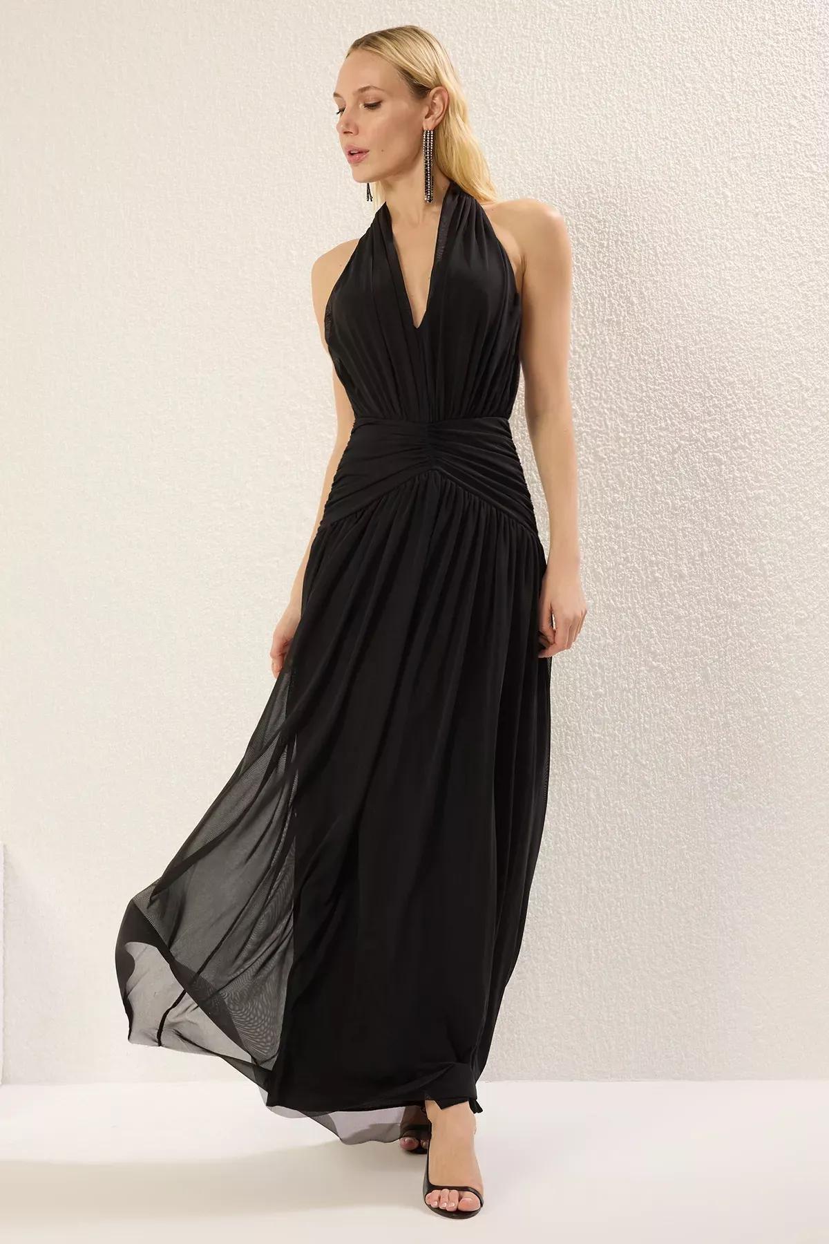 Black A-Line Draped Knitted Maxi Occasionwear Dress, , large image number 0