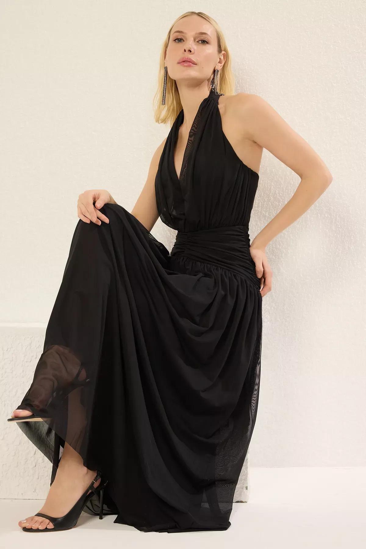 Black A-Line Draped Knitted Maxi Occasionwear Dress, , large image number 1