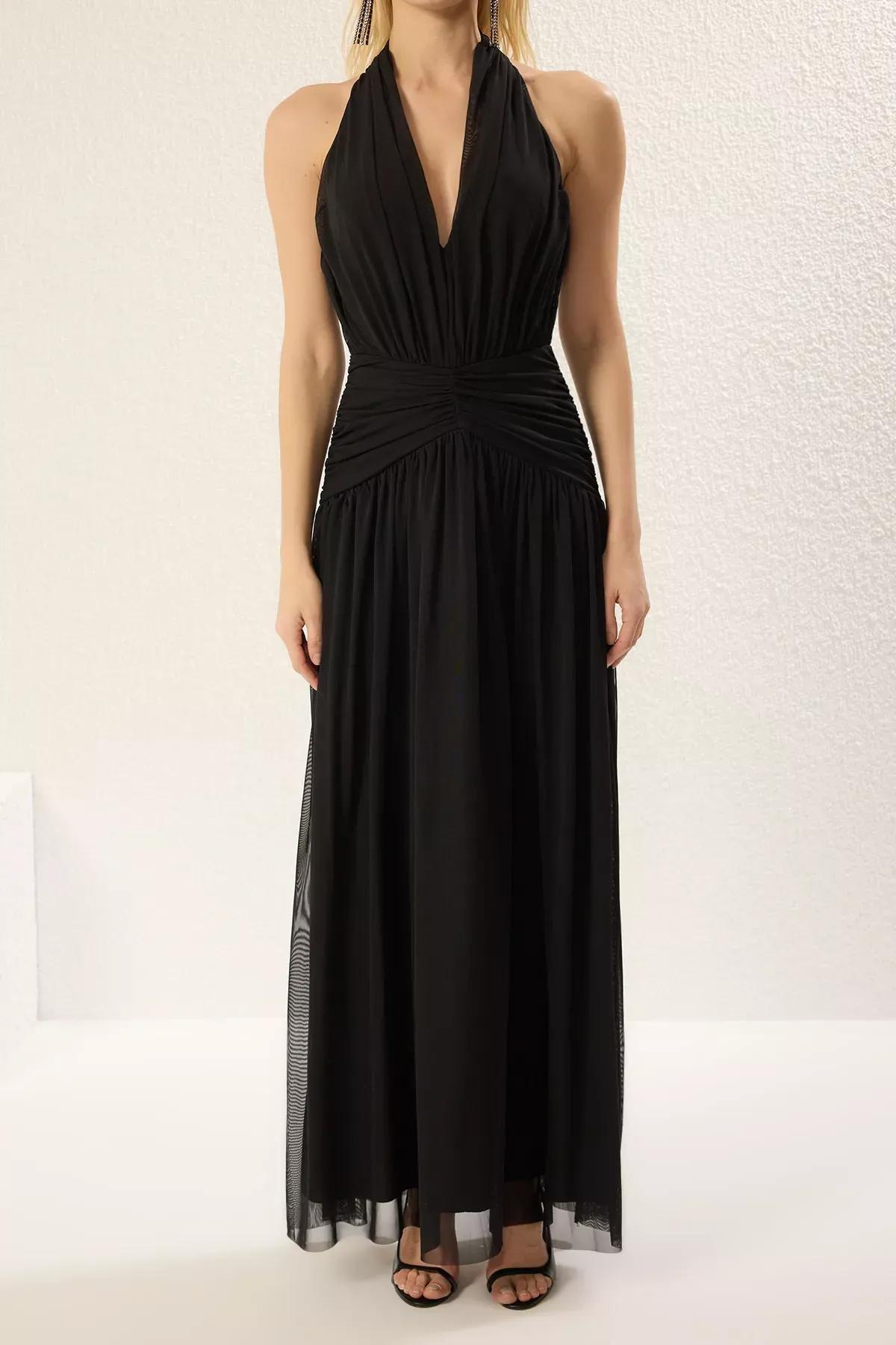 Black A-Line Draped Knitted Maxi Occasionwear Dress, , large image number 2