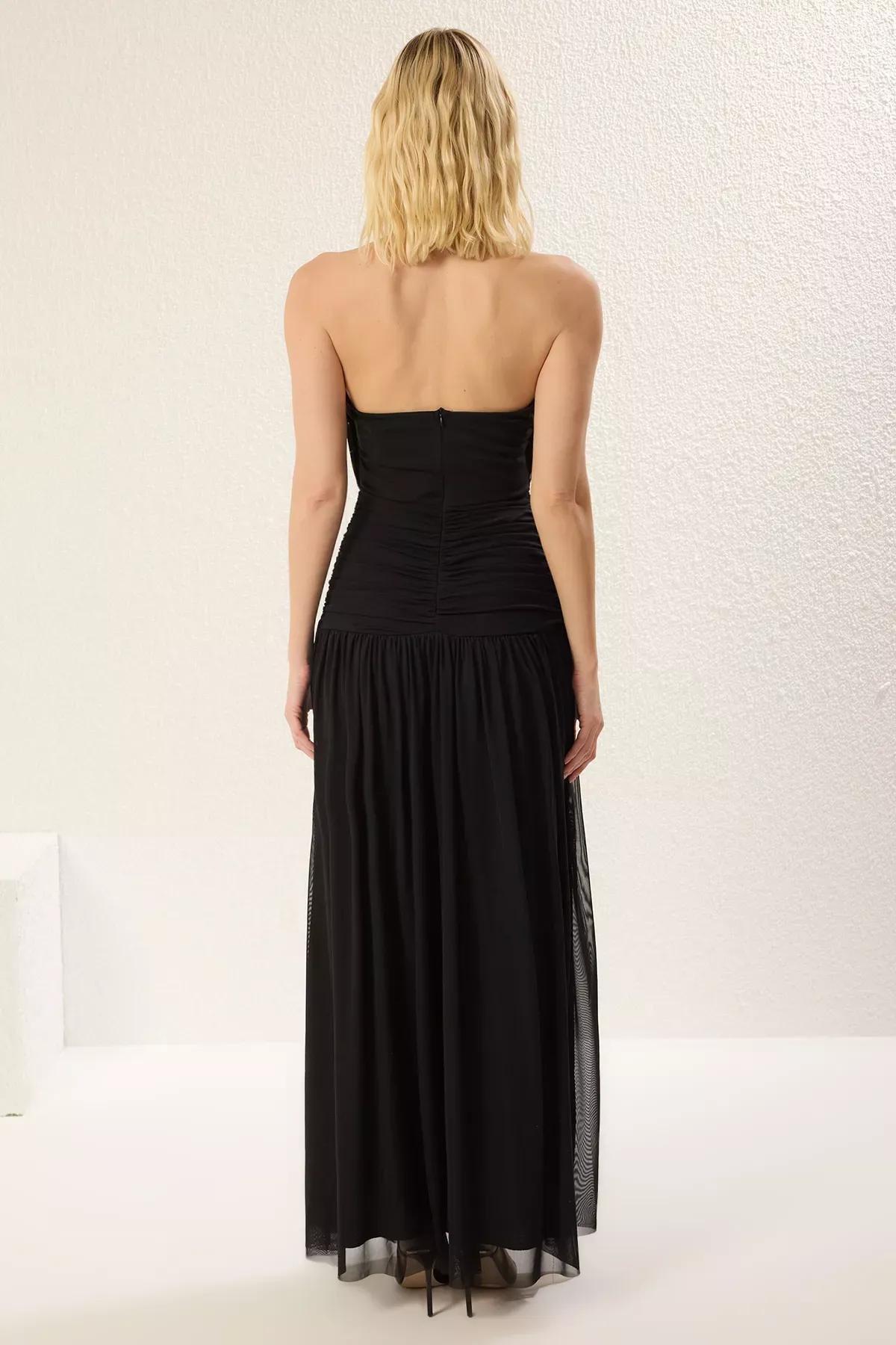 Black A-Line Draped Knitted Maxi Occasionwear Dress, , large image number 4