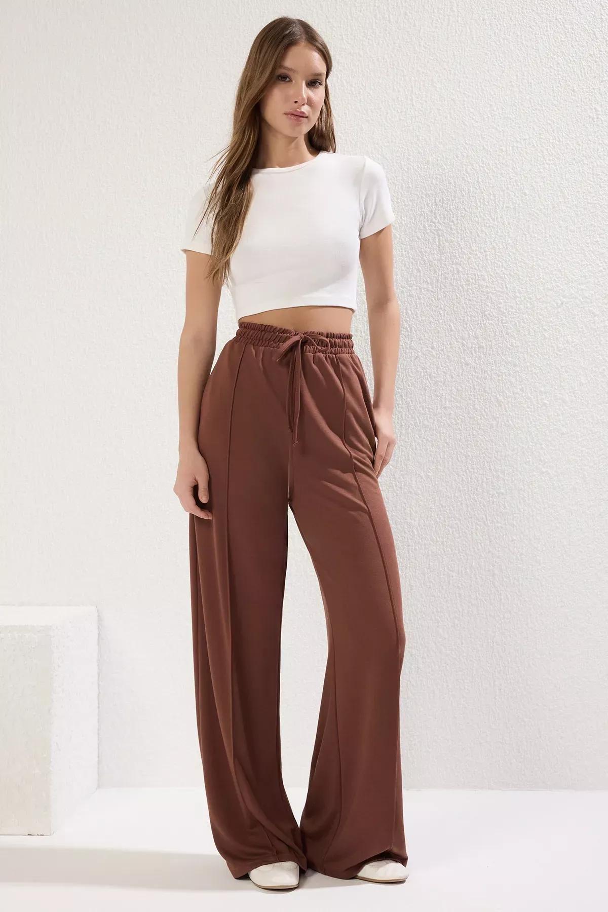 Brown Wide Leg Soft Knit Trousers, , large image number 0