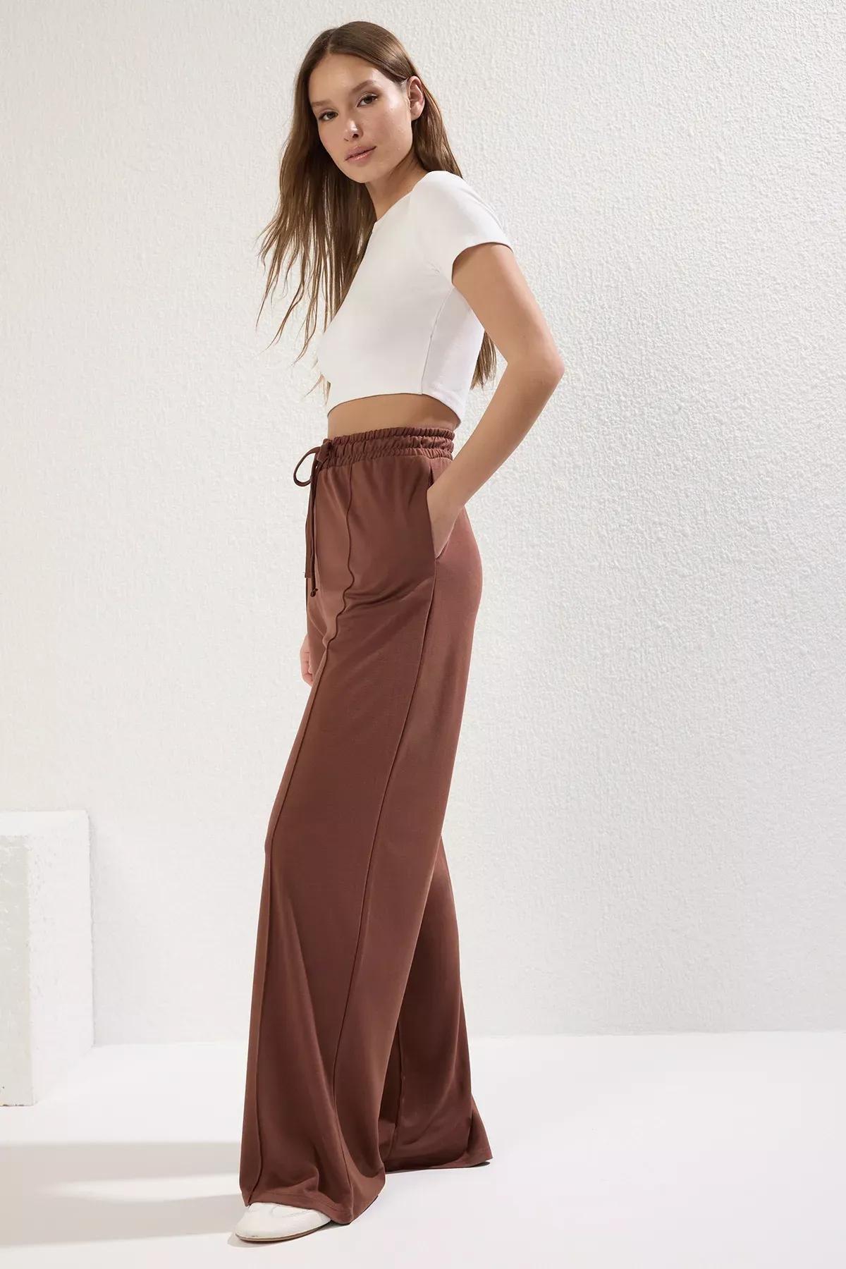 Brown Wide Leg Soft Knit Trousers, , large image number 1