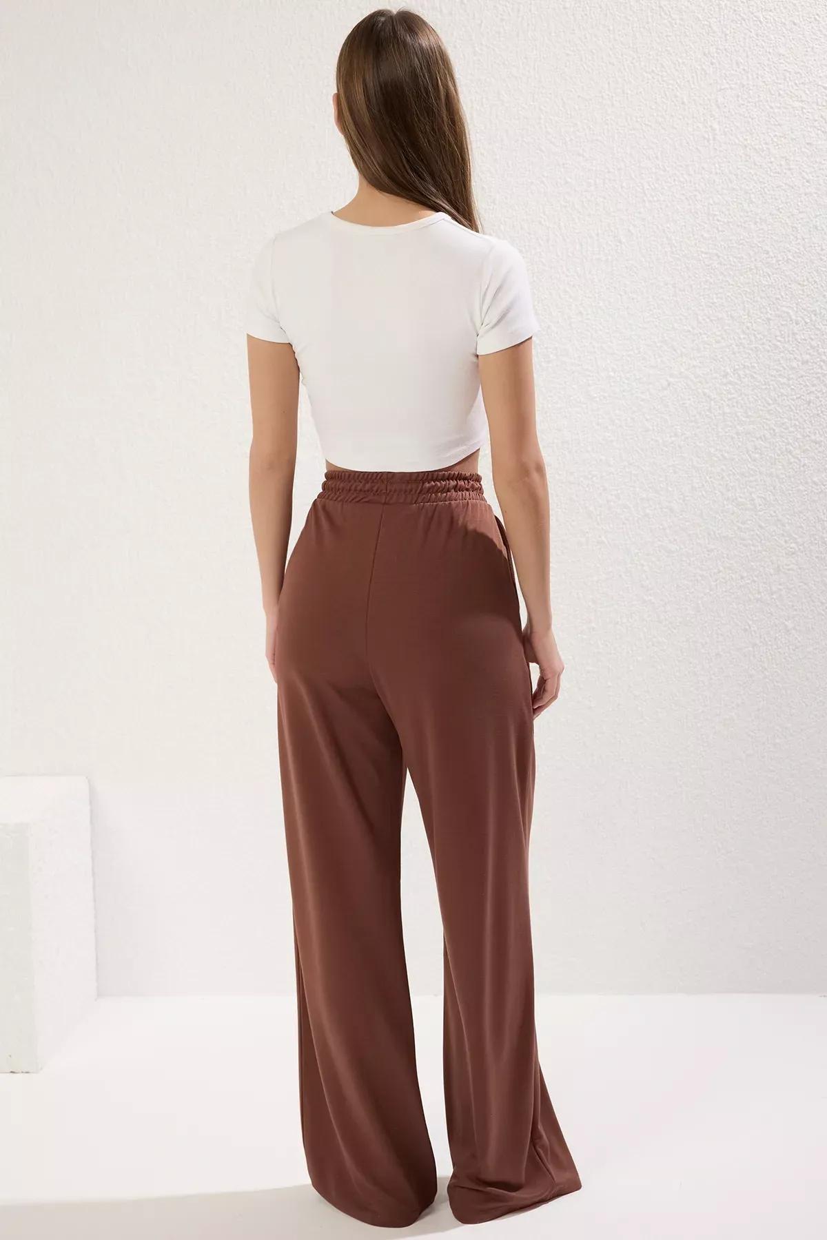Brown Wide Leg Soft Knit Trousers, , large image number 3
