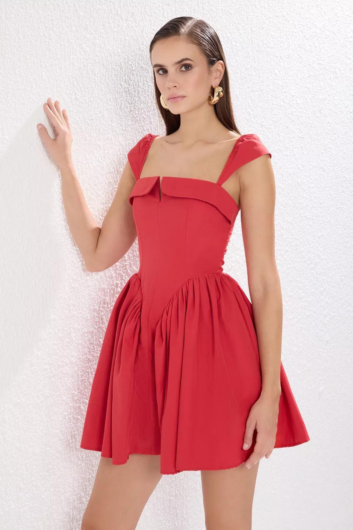 Red A-Line Buttoned Woven Poplin Dress, Red, large image number 0