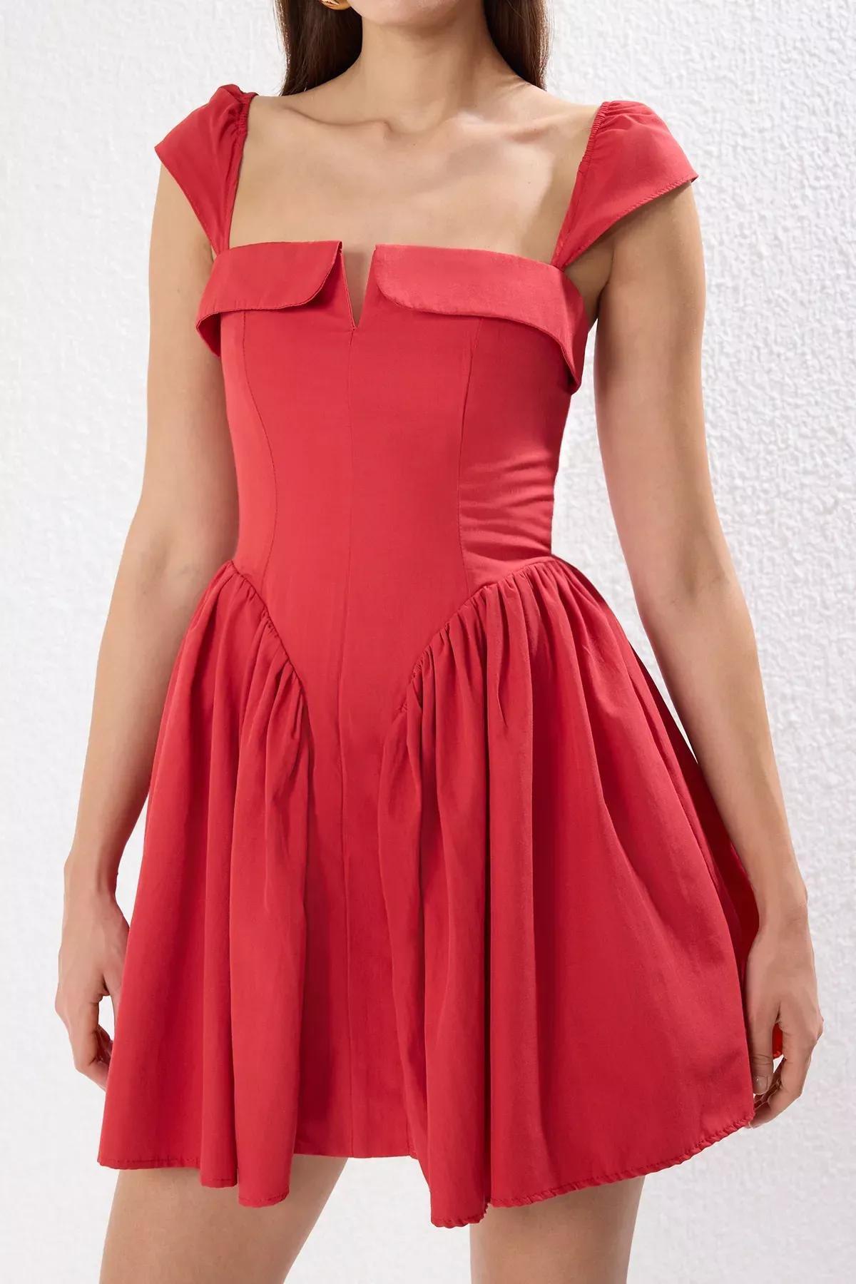 Red A-Line Buttoned Woven Poplin Dress, Red, large image number 2