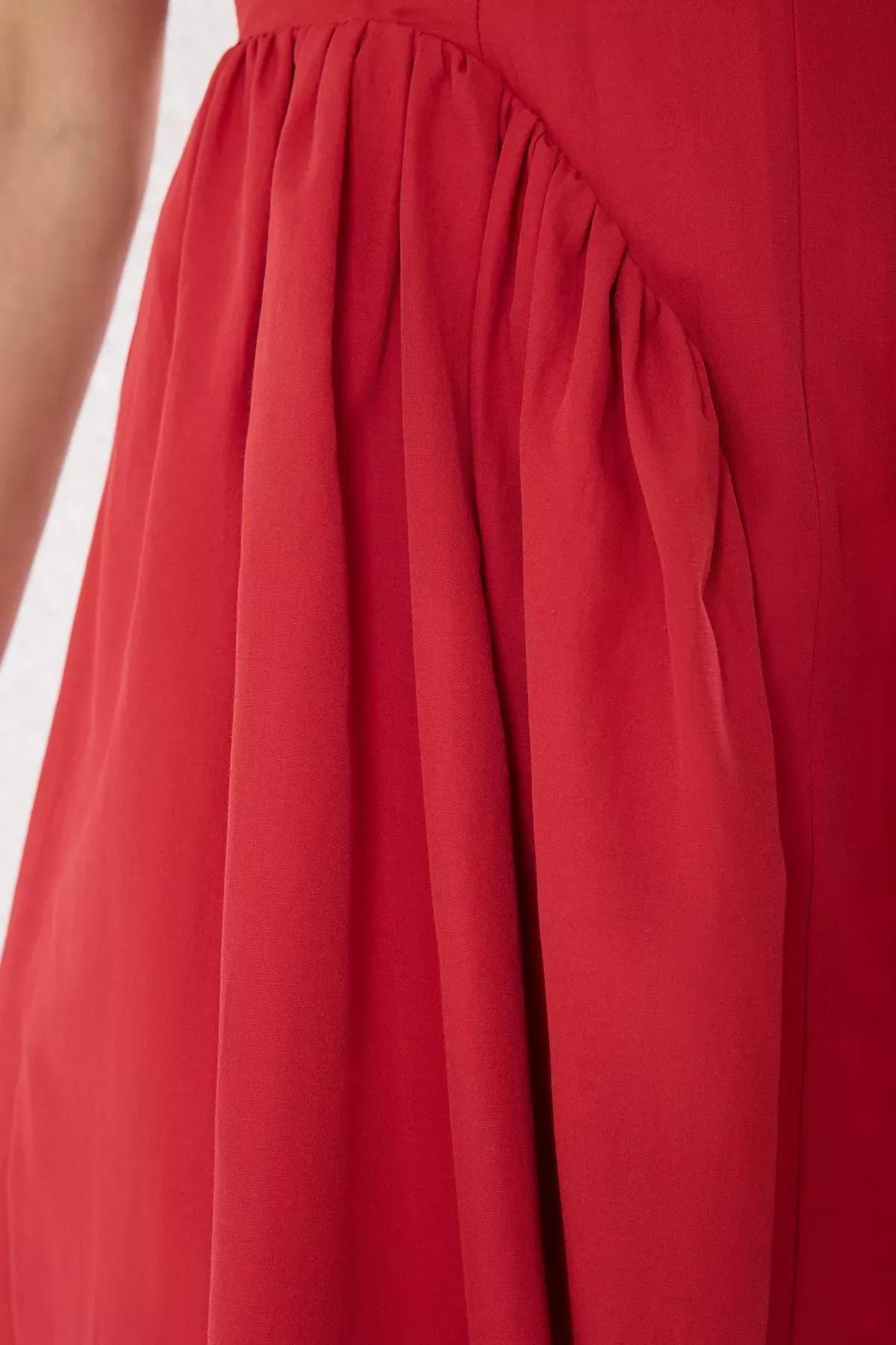 Red A-Line Buttoned Woven Poplin Dress, Red, large image number 3