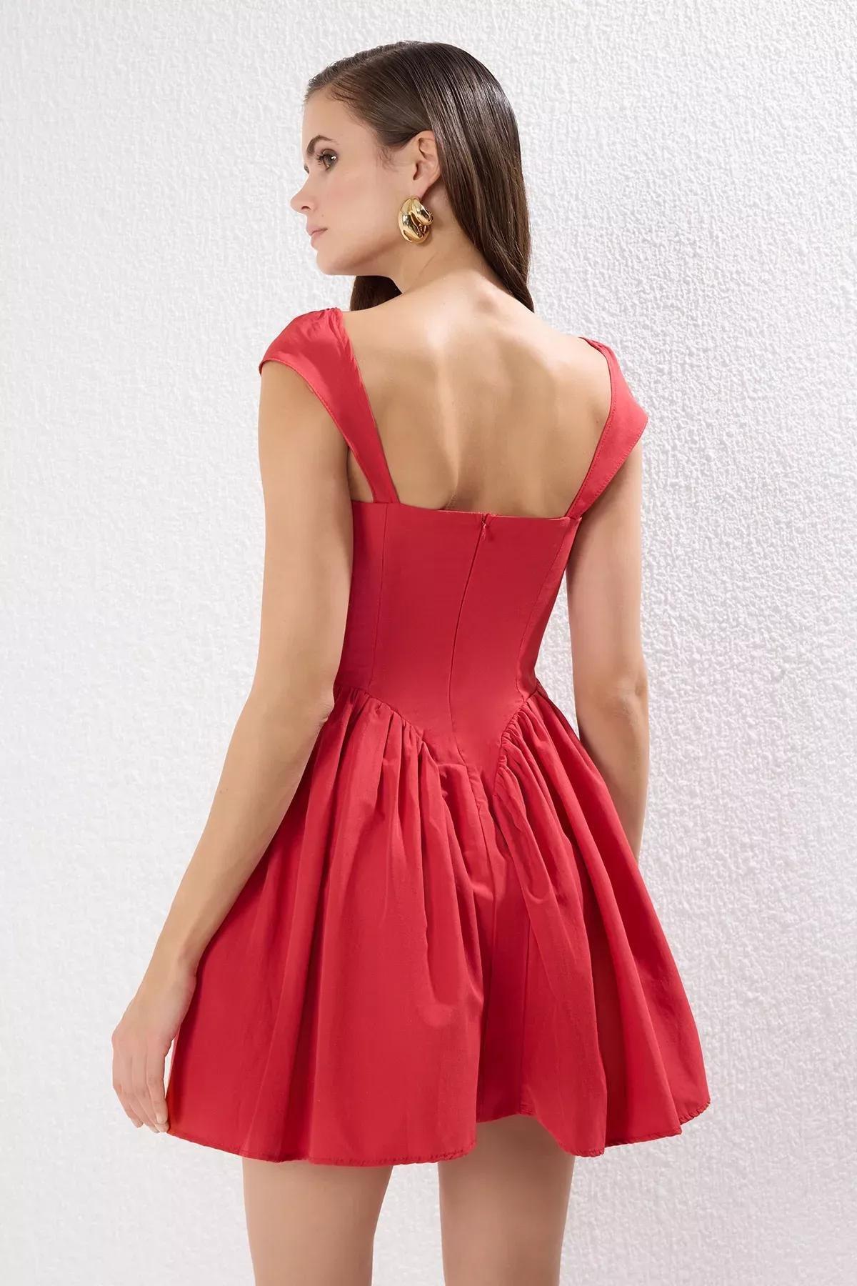 Red A-Line Buttoned Woven Poplin Dress, Red, large image number 4