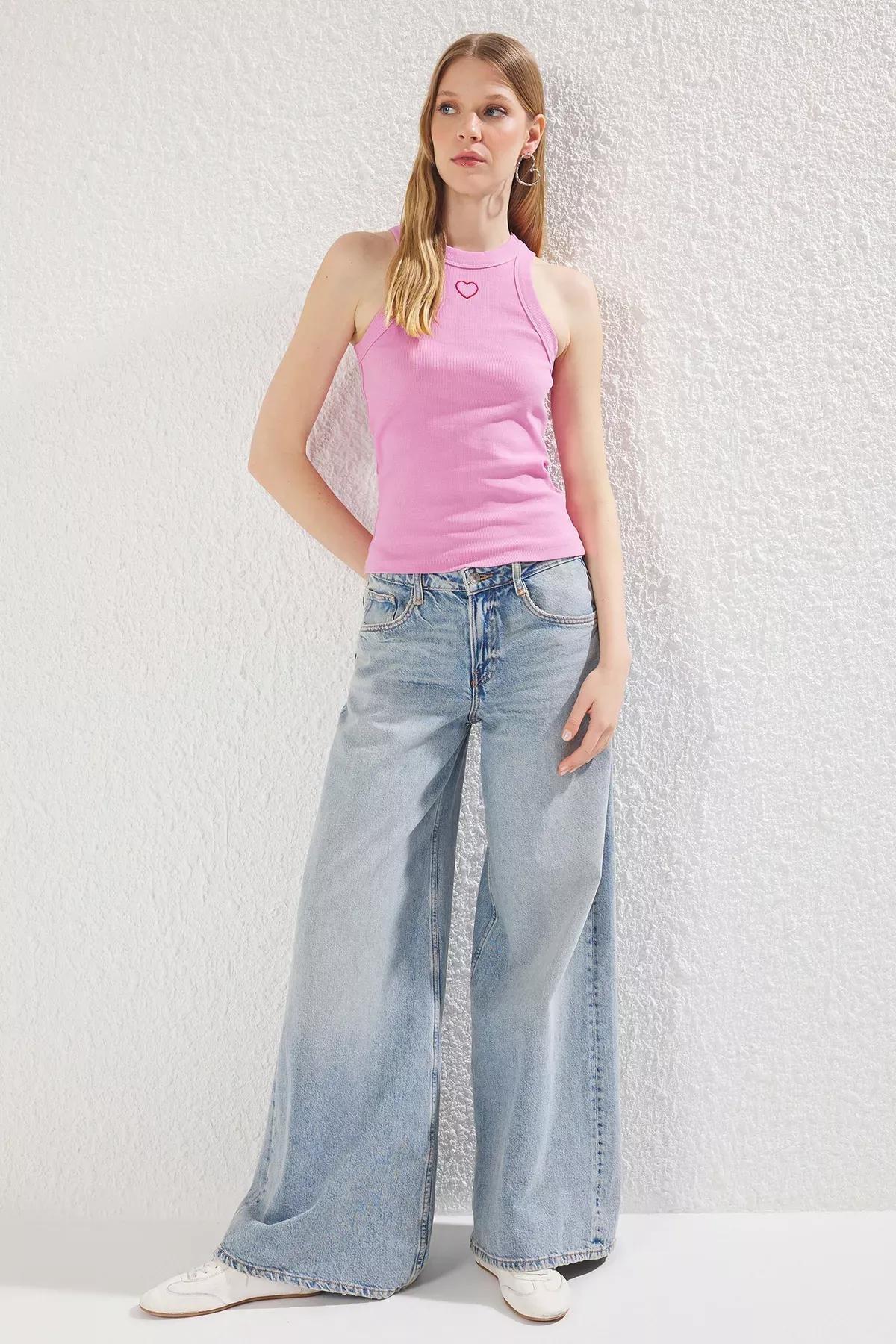 Pink Embroidered Halter Neck Knitted Undershirt, C101_7329, large image number 2