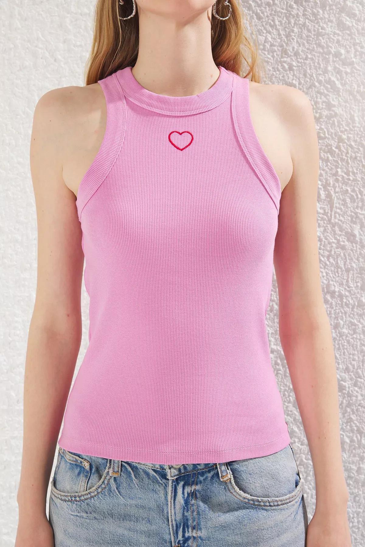 Pink Embroidered Halter Neck Knitted Undershirt, C101_7329, large image number 3