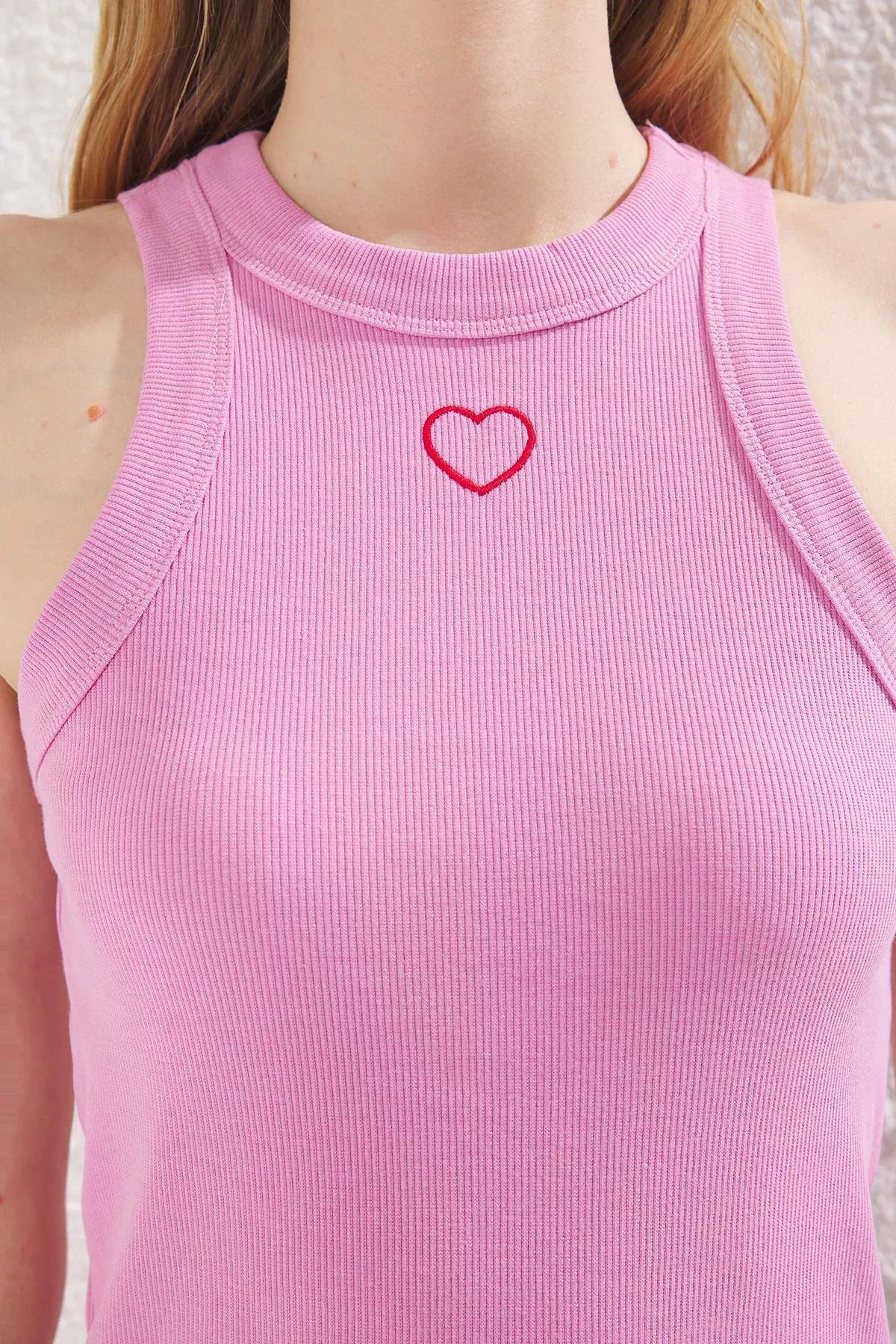 Pink Embroidered Halter Neck Knitted Undershirt, C101_7329, large image number 4
