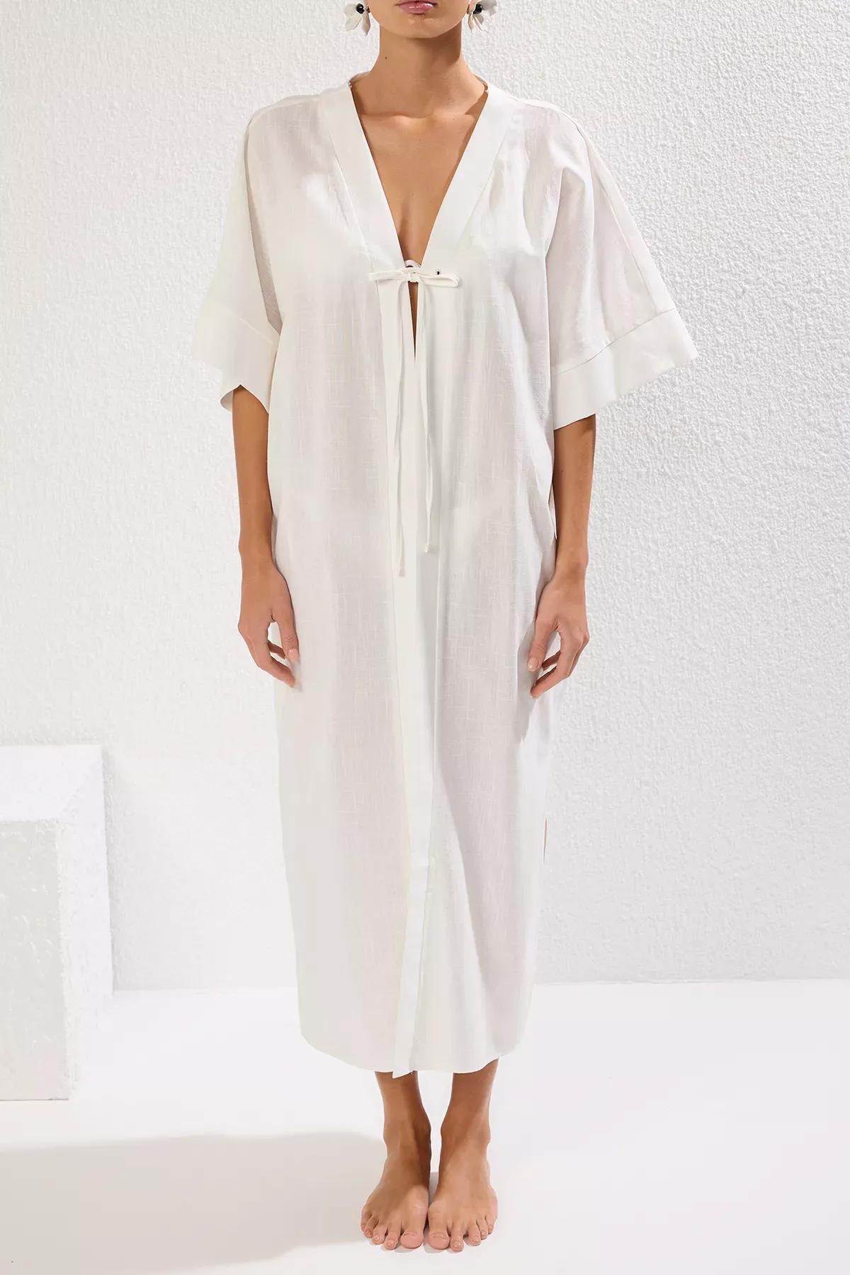 Beige Woven Tied Beach Kimono, Ecru, large image number 3