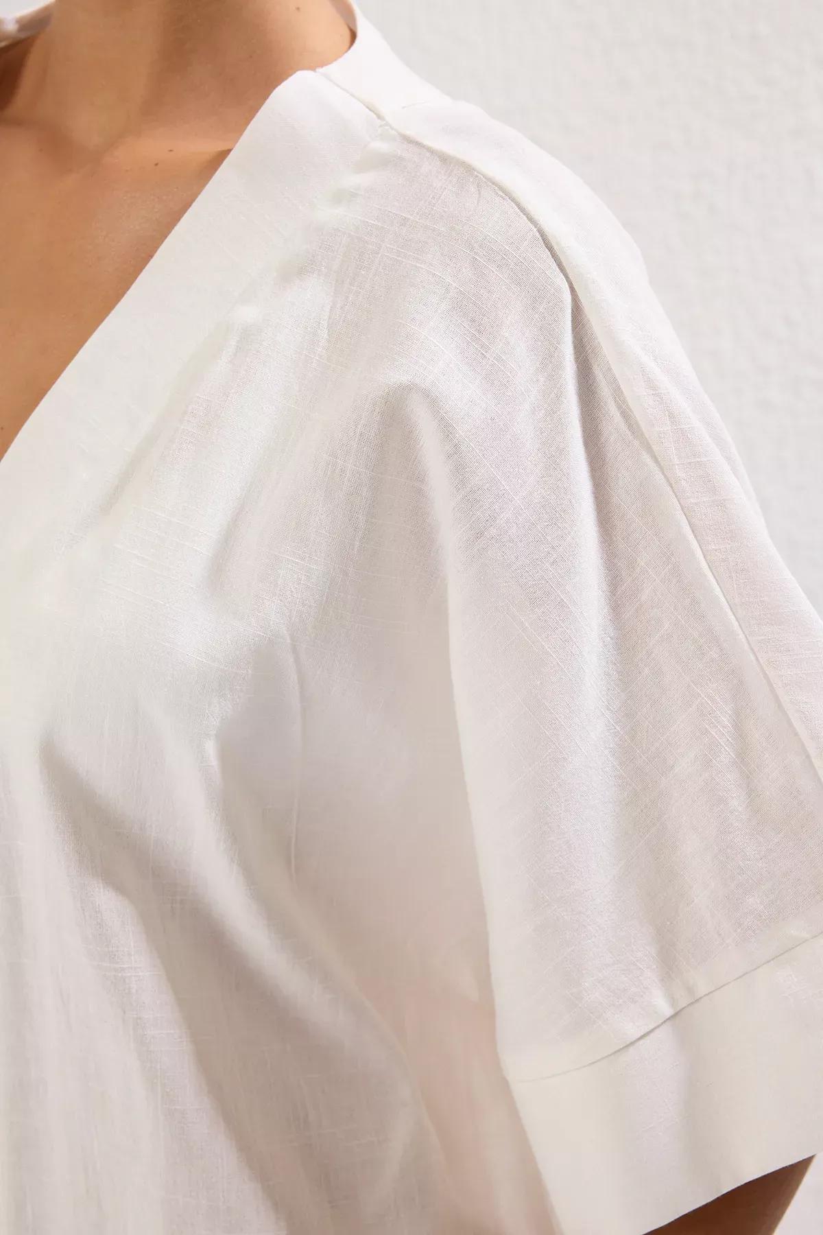 Beige Woven Tied Beach Kimono, Ecru, large image number 4