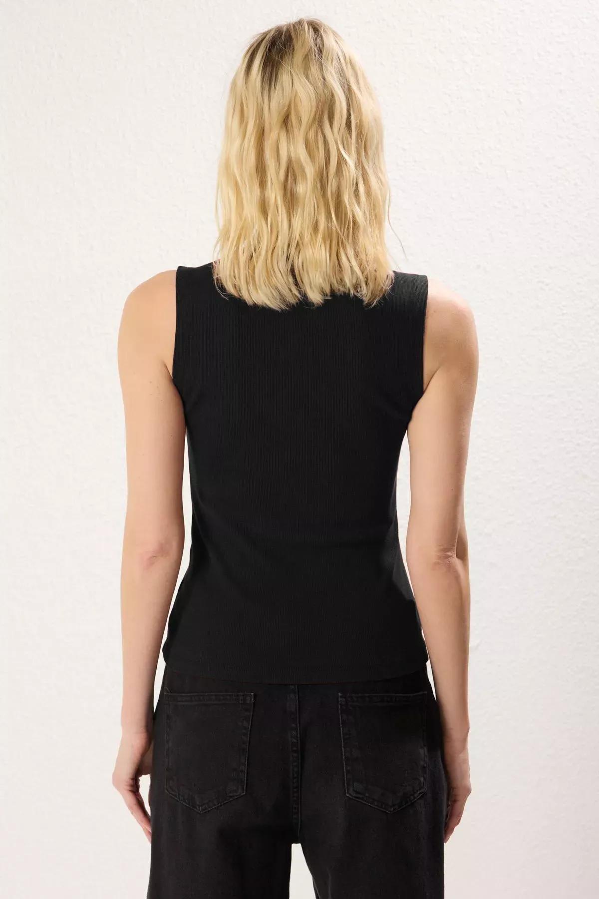 Black Stand Collar Elastic Knit Blouse, , large image number 4