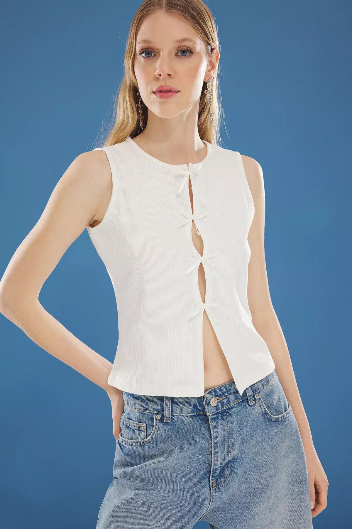 Beige Ribbed Knitted Blouse, Ecru, large image number 0