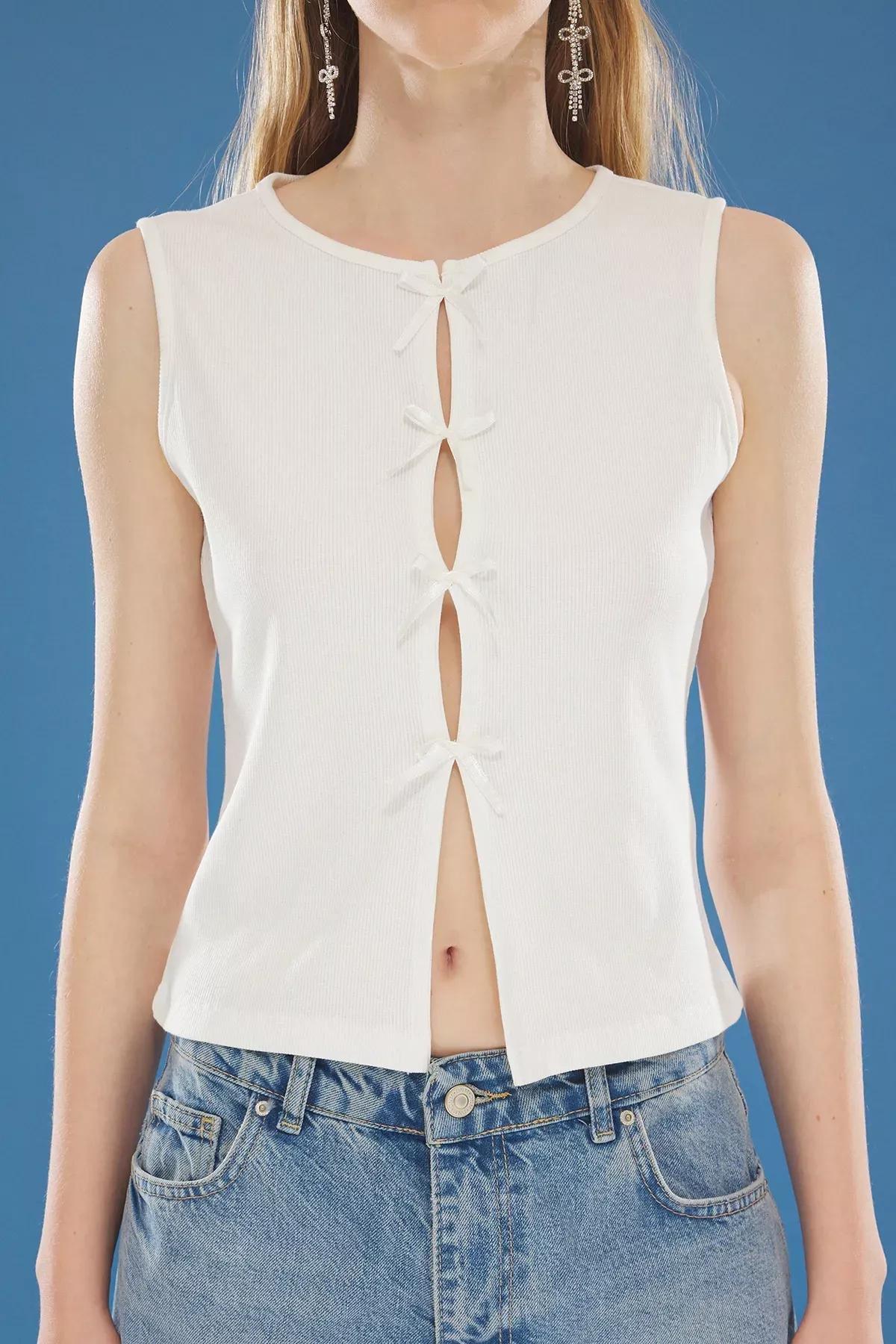 Beige Ribbed Knitted Blouse, Ecru, large image number 2