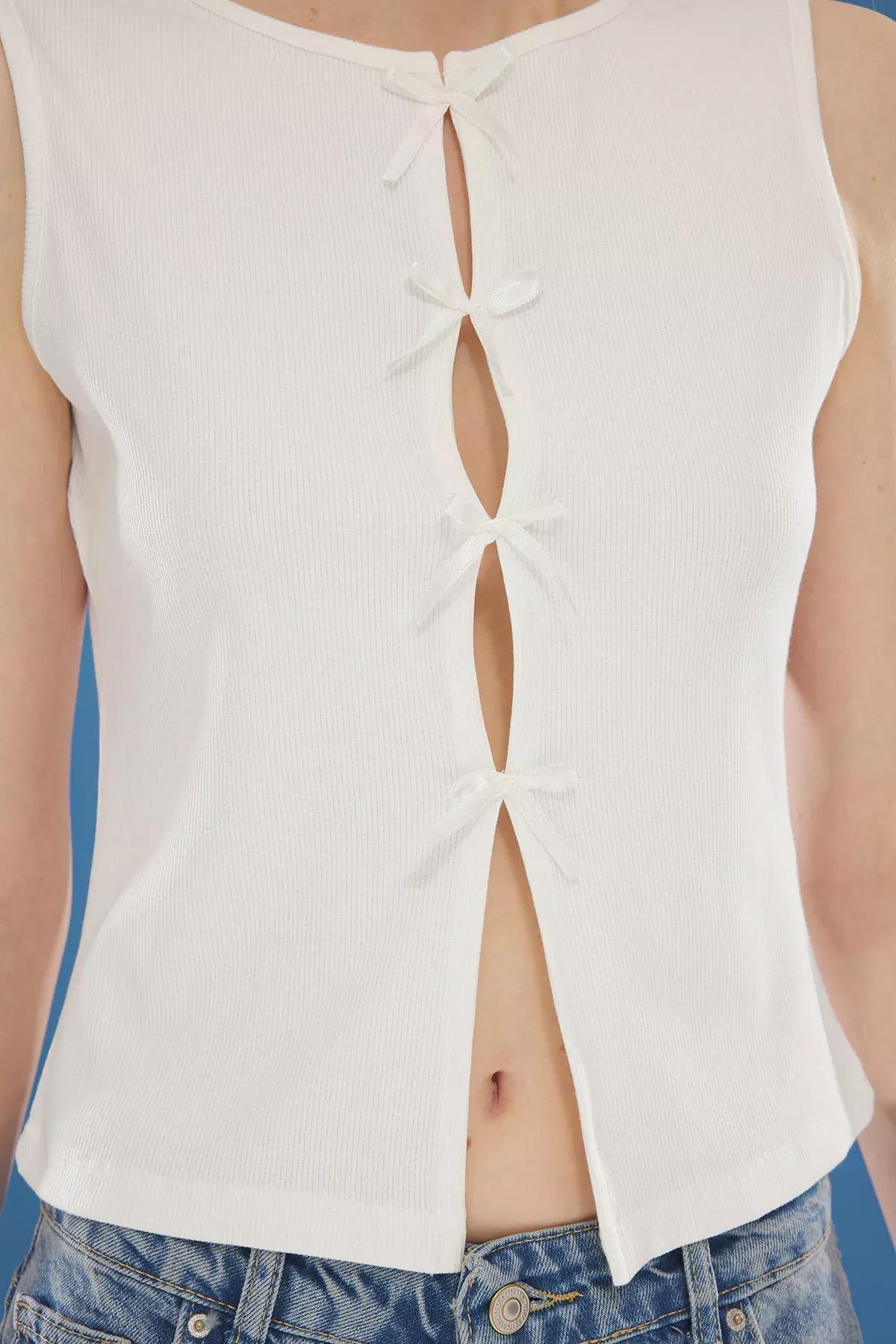 Beige Ribbed Knitted Blouse, Ecru, large image number 3