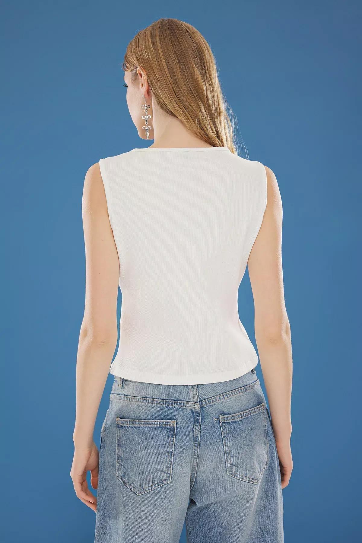 Beige Ribbed Knitted Blouse, Ecru, large image number 4