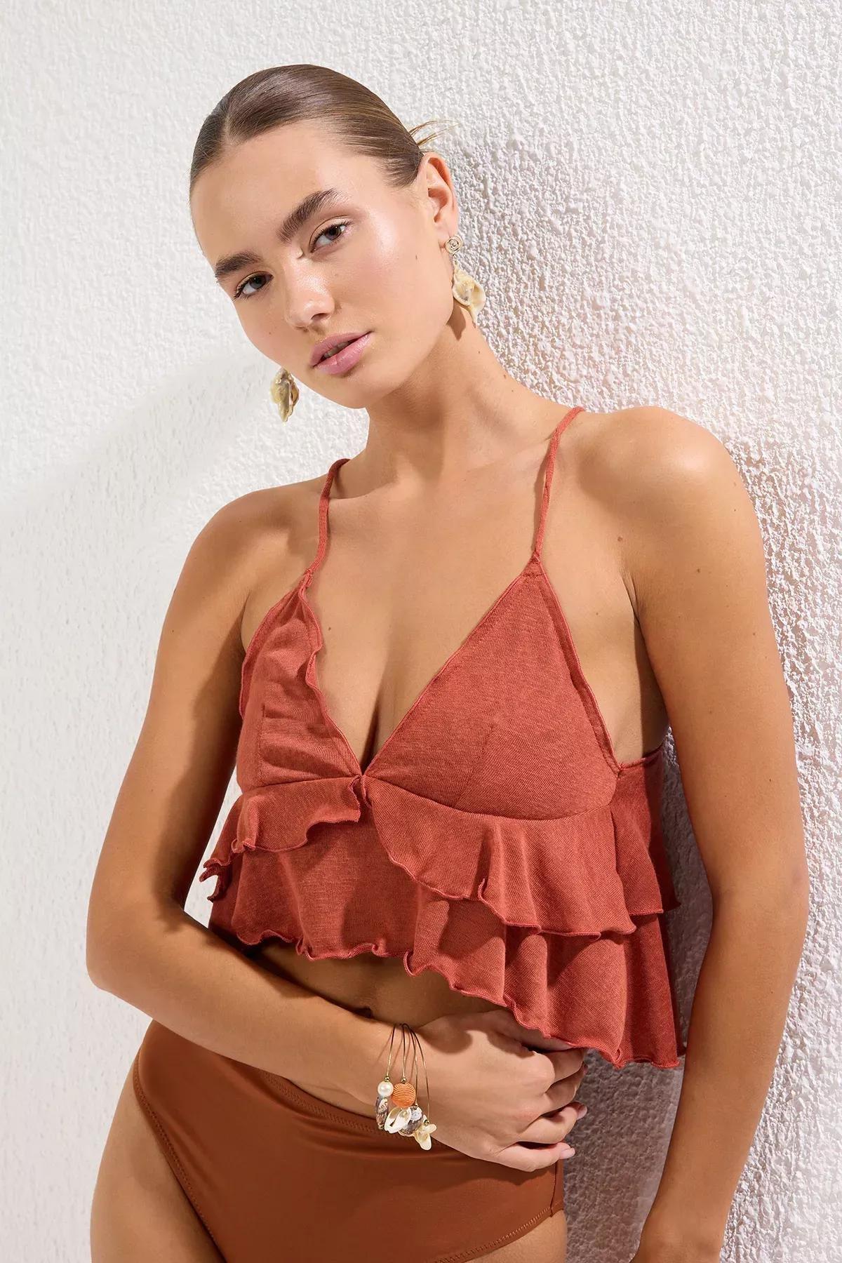 Red Flounce Knitted Beach Blouse, , large image number 1