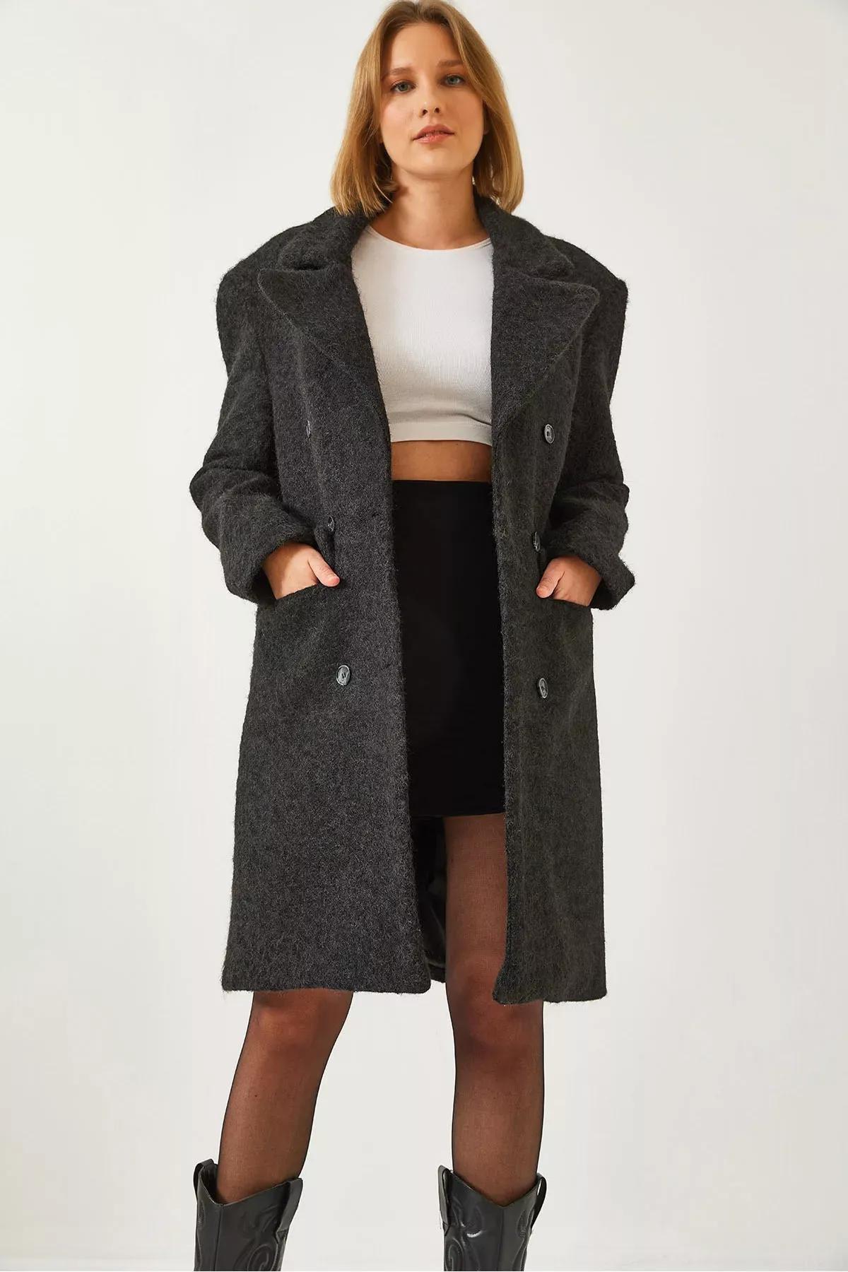 Womens Six Buttoned Pocket Stamp Coat 60261121, BLACK, large image number 0