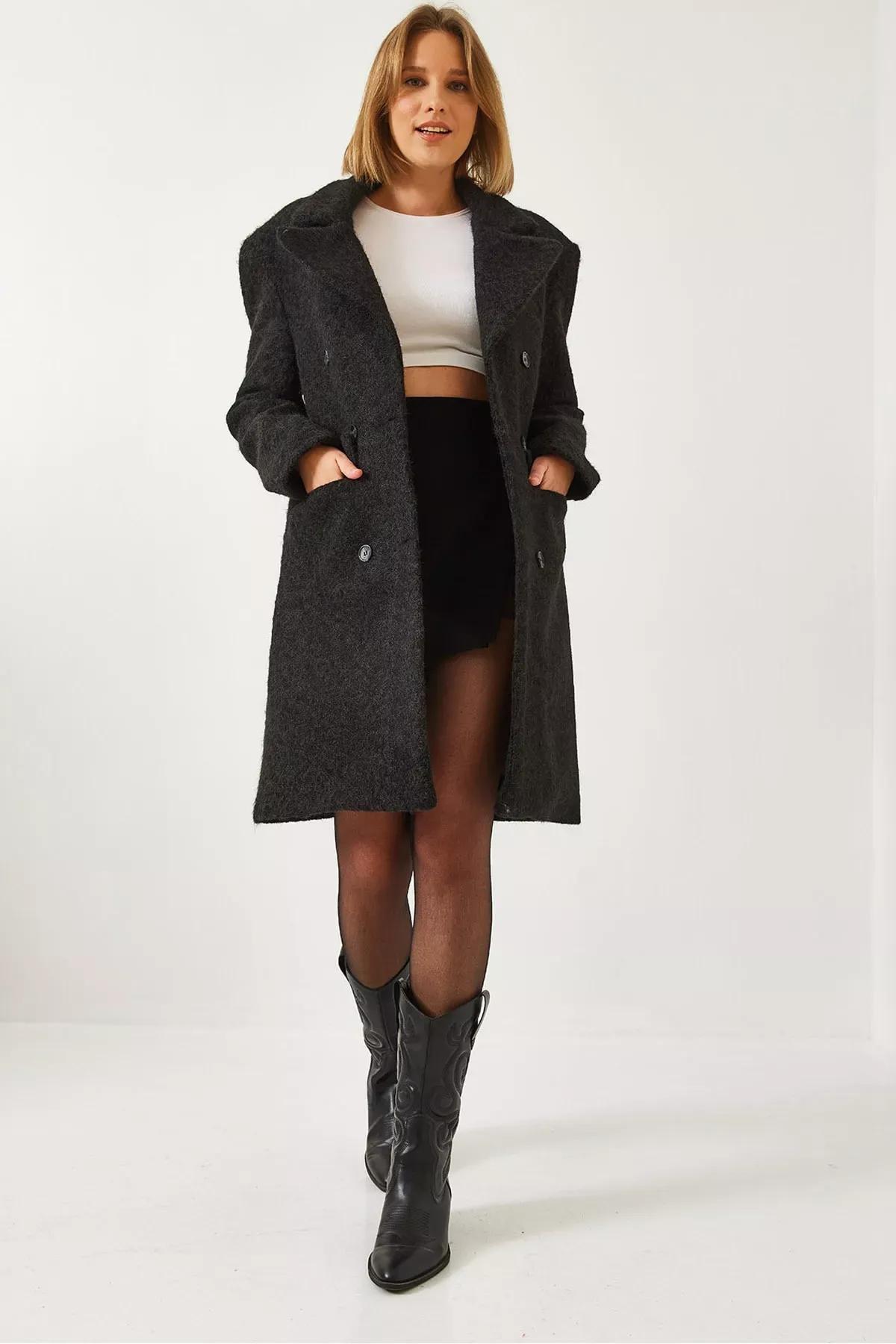 Womens Six Buttoned Pocket Stamp Coat 60261121, BLACK, large image number 1