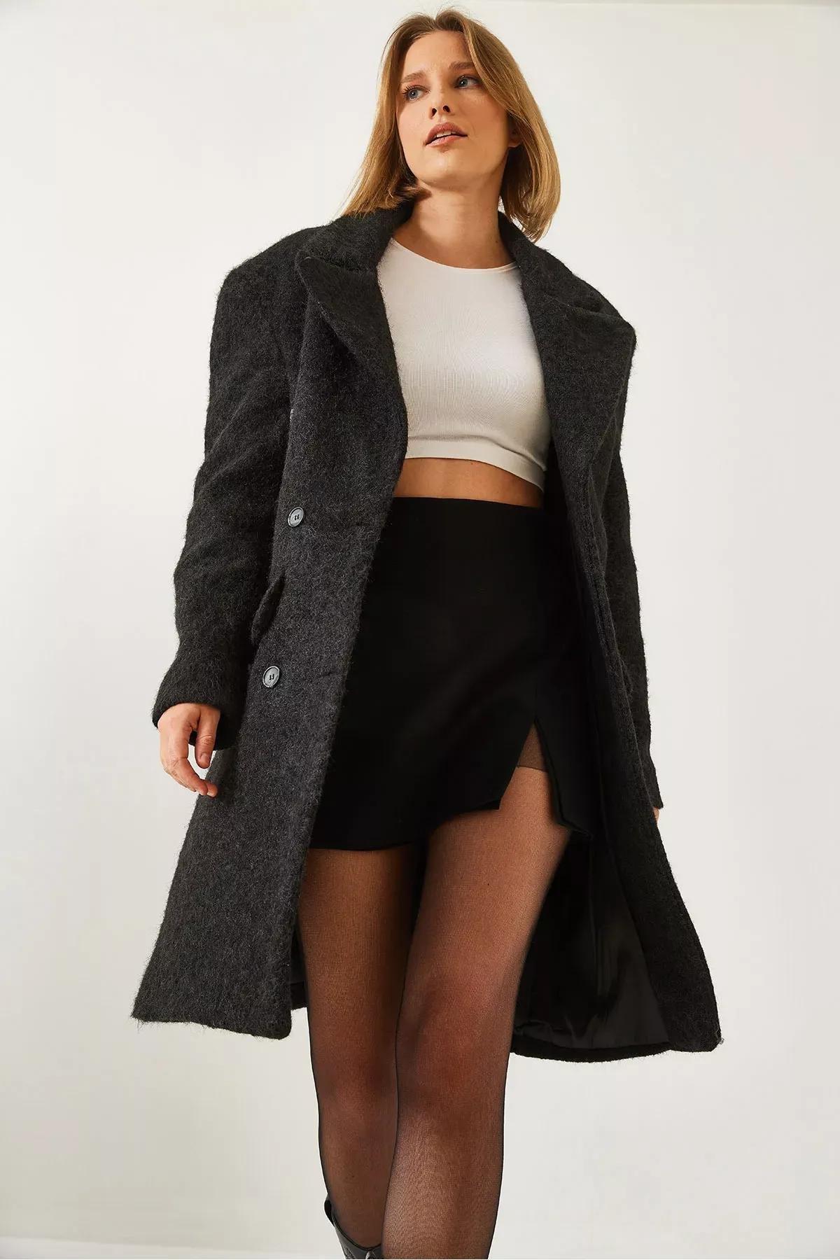 Womens Six Buttoned Pocket Stamp Coat 60261121, BLACK, large image number 3