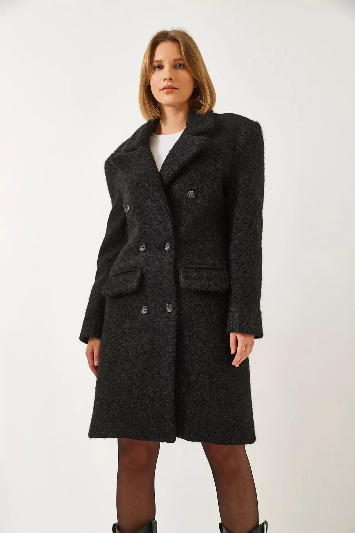 Womens Six Buttoned Pocket Stamp Coat 60261121, BLACK, large image number 4