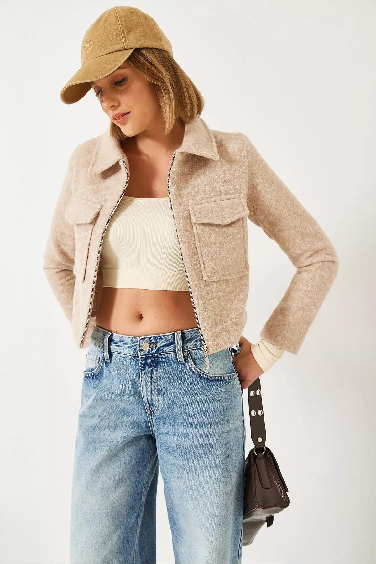 Brown Zippered Stamp Jacket, Beige, large image number 1