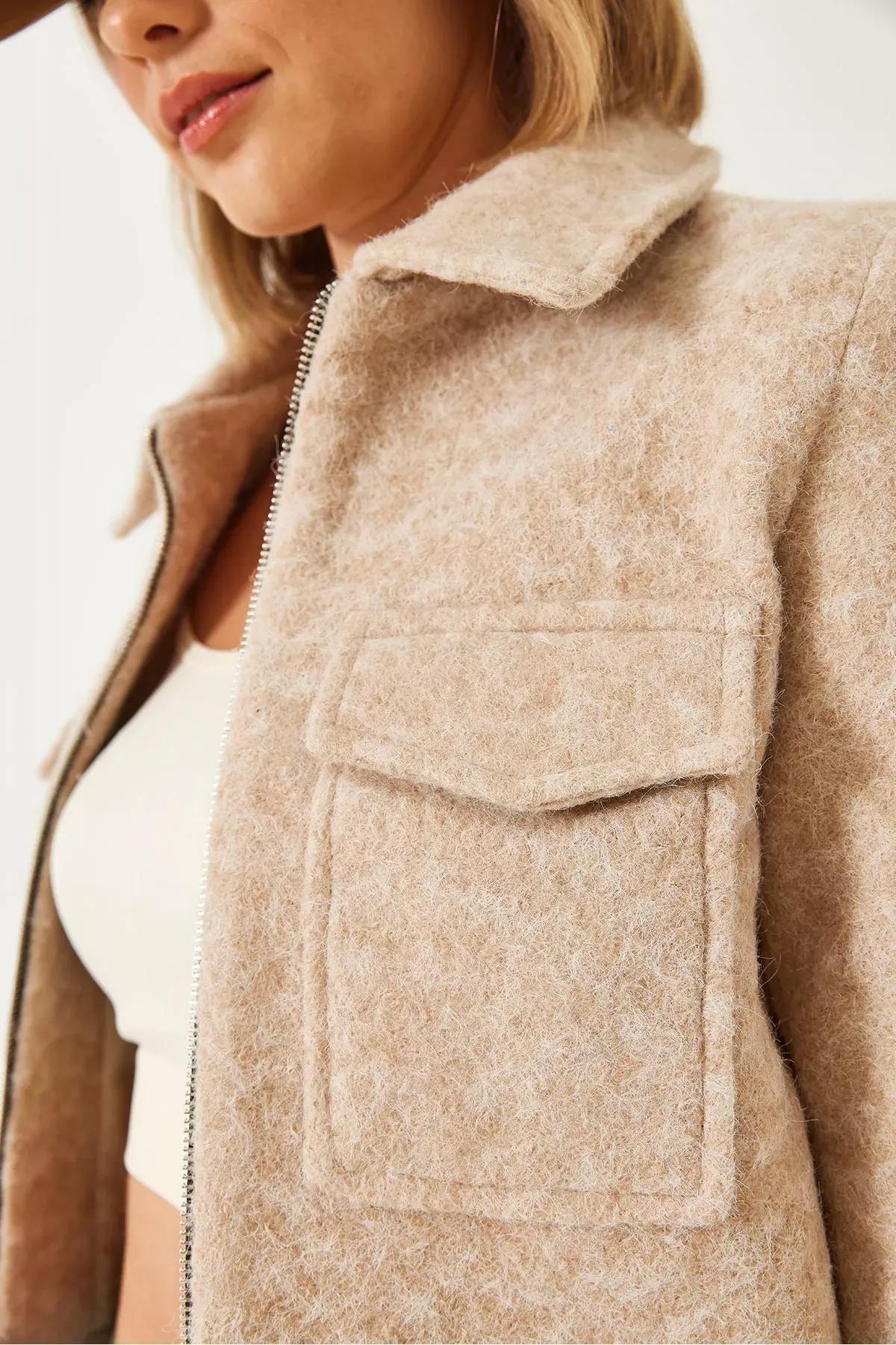 Brown Zippered Stamp Jacket, Beige, large image number 4