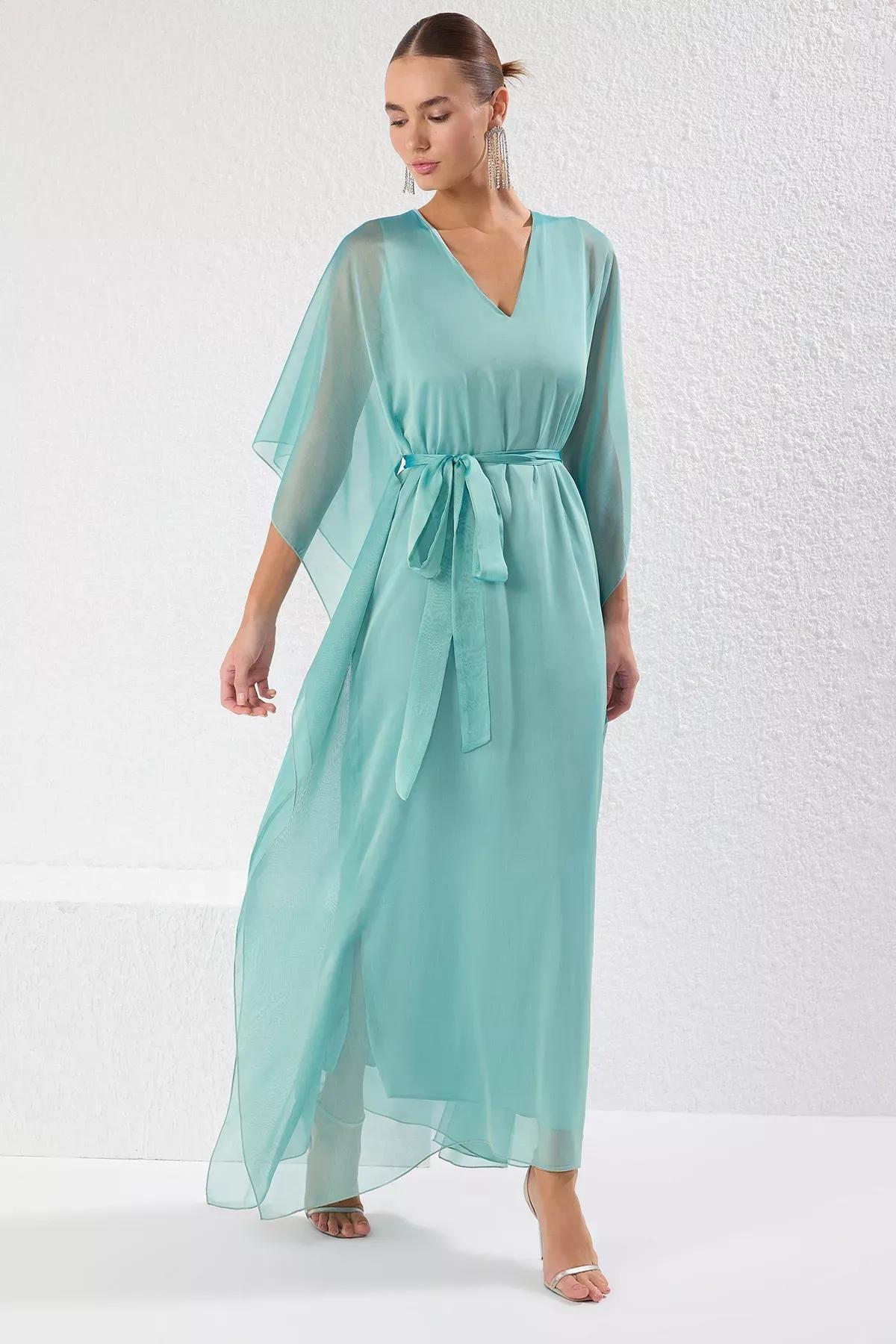 Green V-Neck Chiffon Maxi Occasionwear Dress, Mint, large image number 0