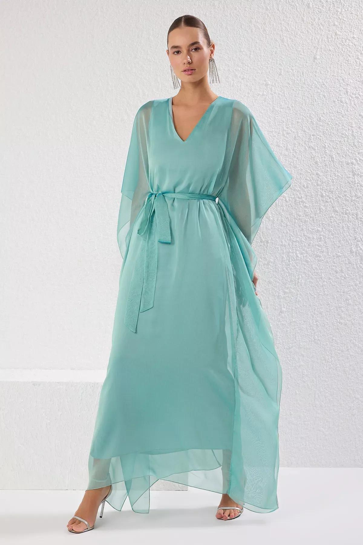 Green V-Neck Chiffon Maxi Occasionwear Dress, Mint, large image number 1