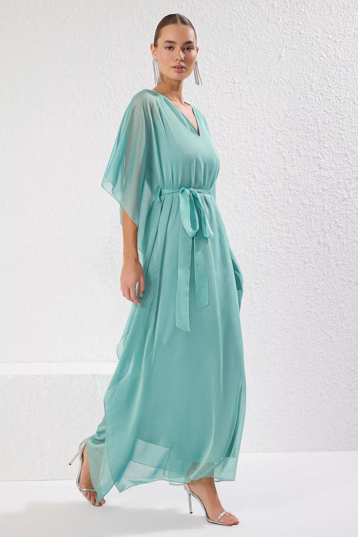 Green V-Neck Chiffon Maxi Occasionwear Dress, Mint, large image number 2