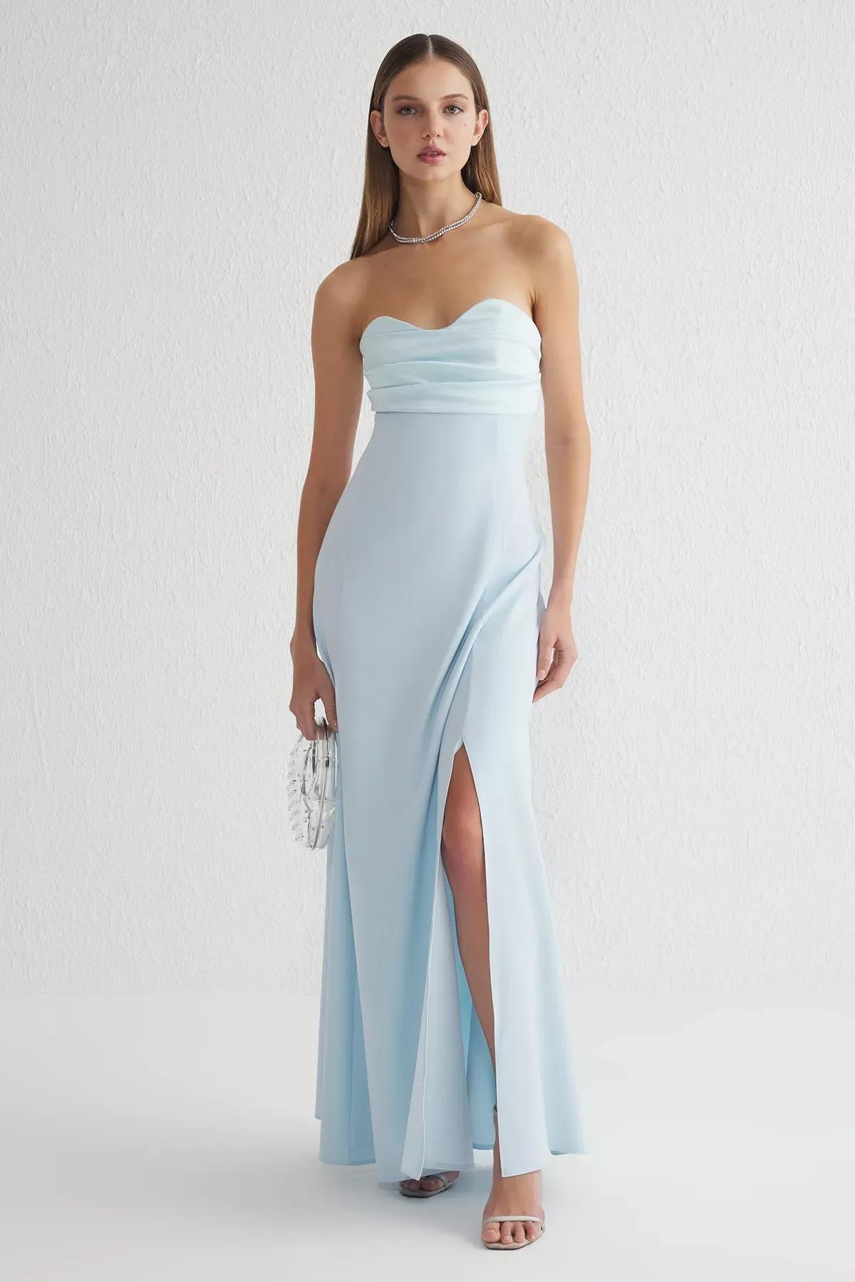 Blue  A-Line Strapless Occasionwear Dress, LIGHT BLUE, large image number 0