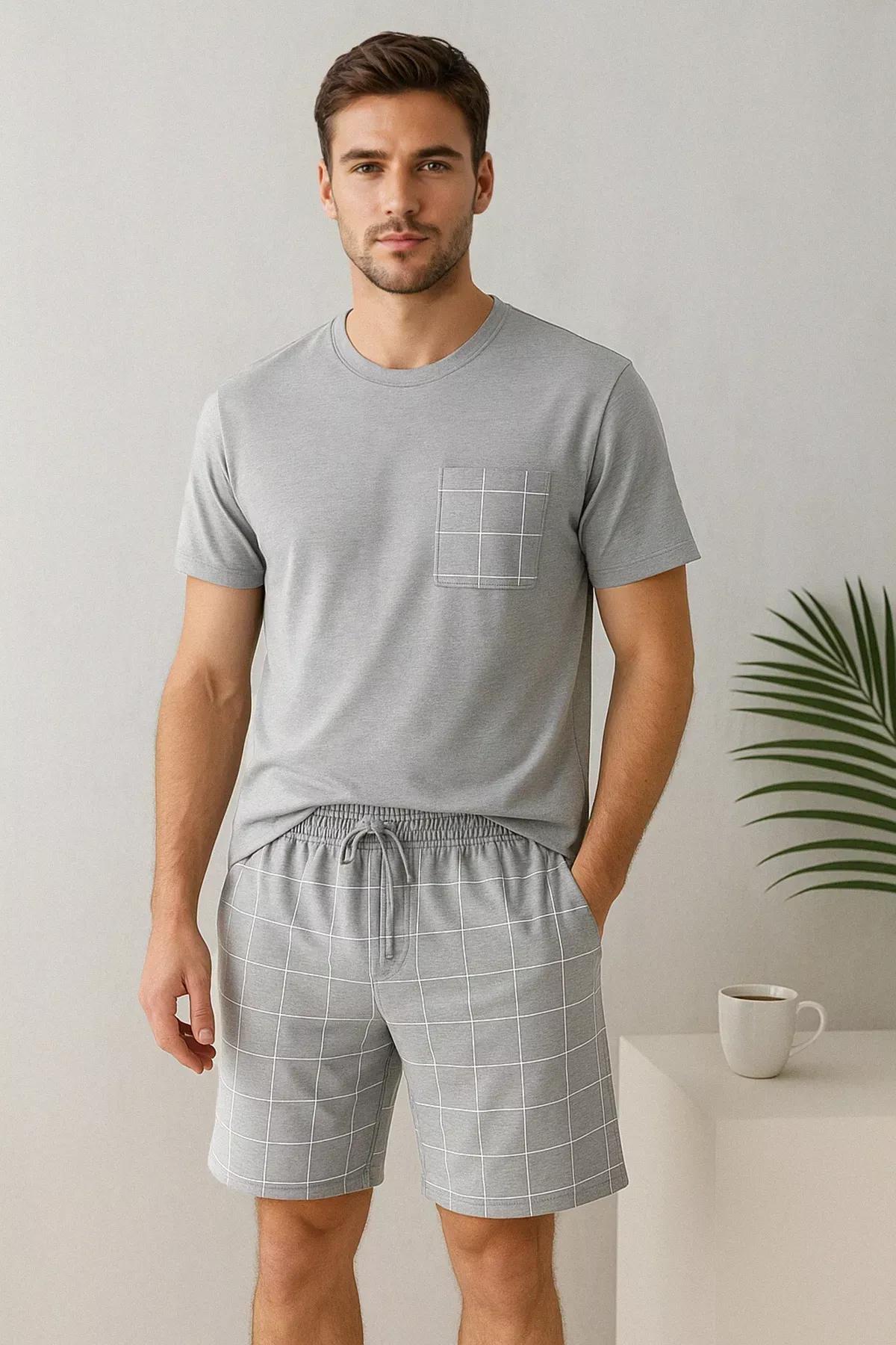 Grey Regular Fit Plaid Pajama Set, Grey, large image number 1