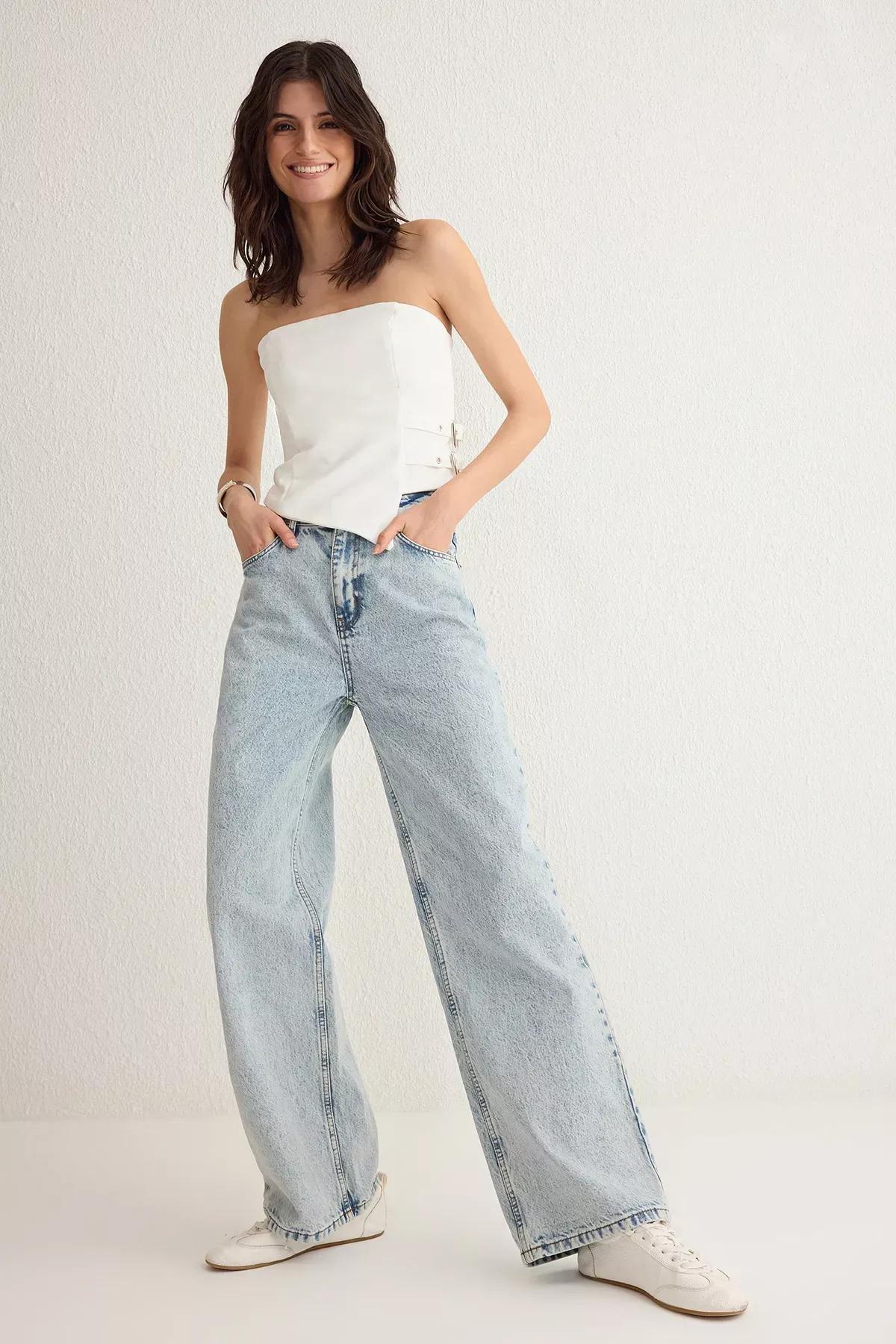 Blue High-Waist Wide Leg Jeans, , large image number 0