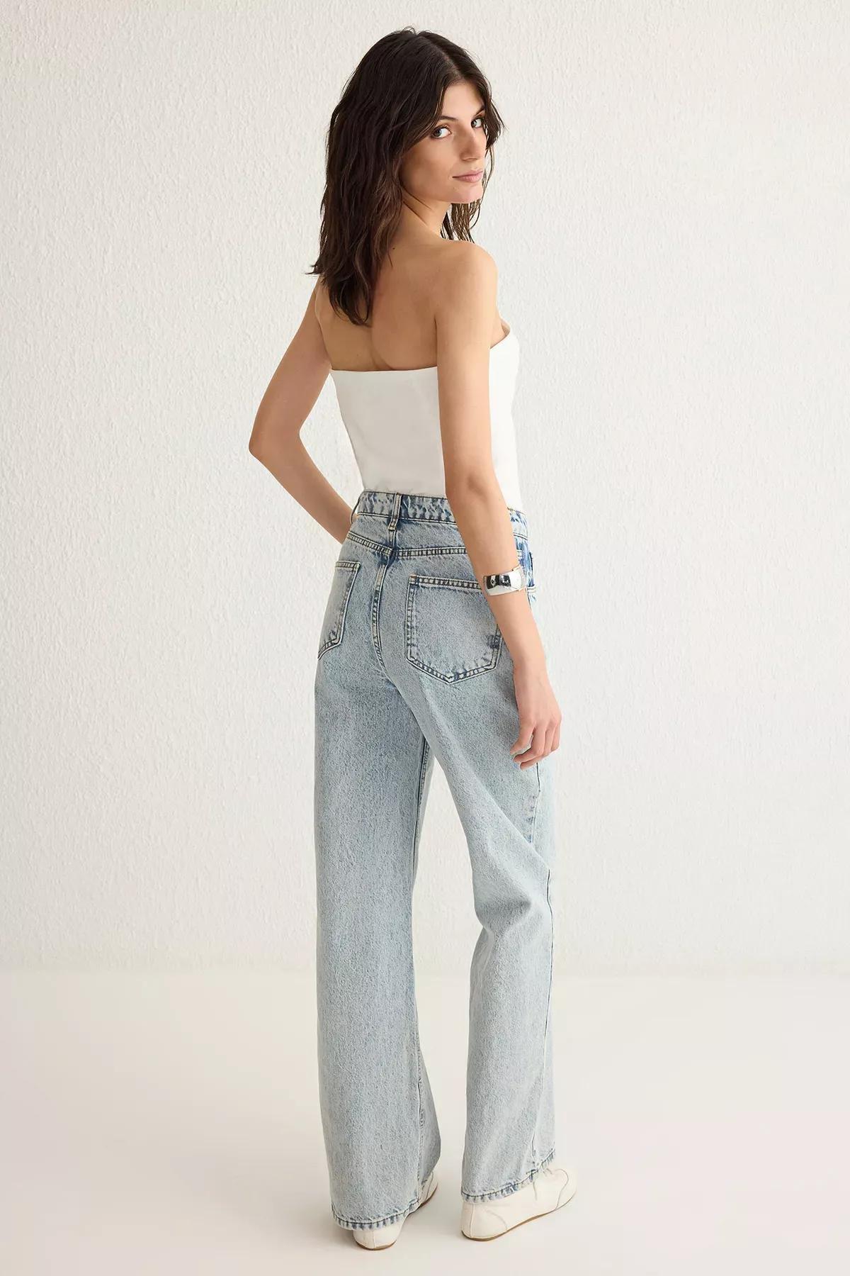 Blue High-Waist Wide Leg Jeans, , large image number 4