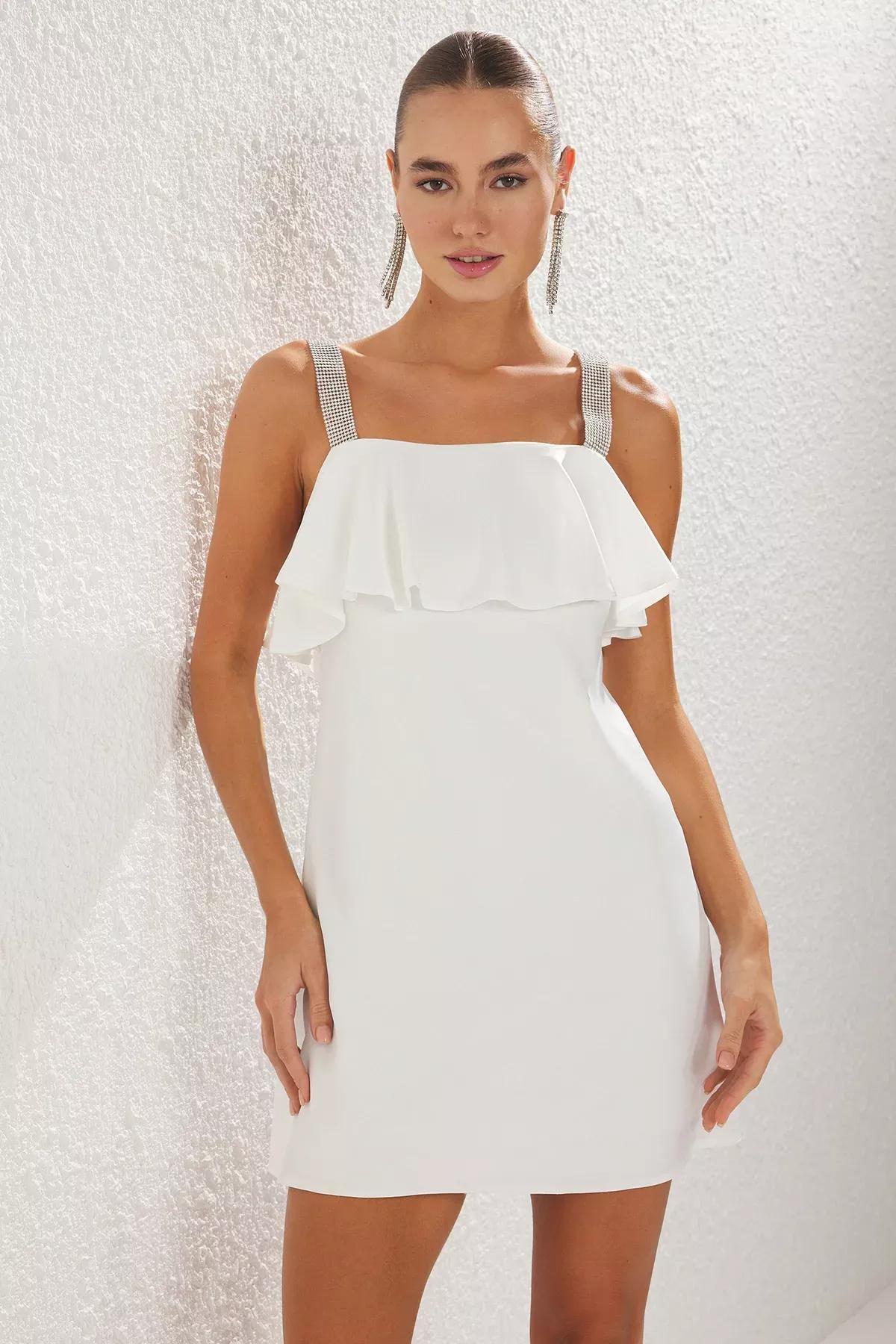 White A-Cut Satin Elegant Dress, , large image number 1