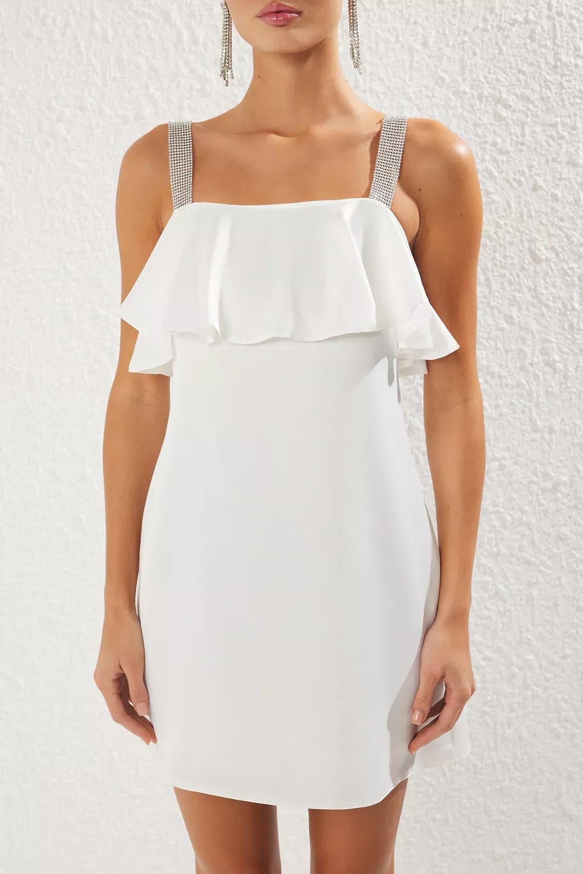 White A-Cut Satin Elegant Dress, , large image number 2