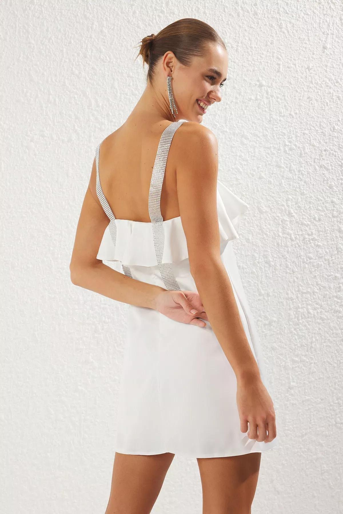 White A-Cut Satin Elegant Dress, , large image number 3