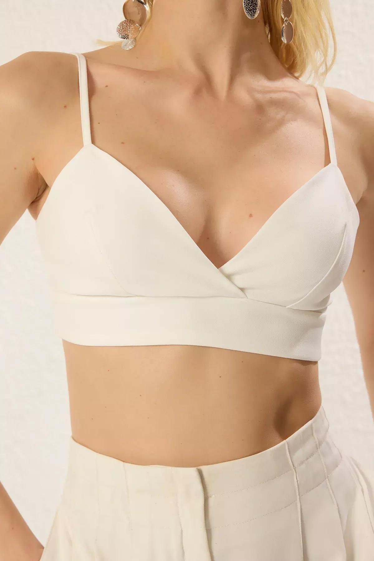 White V-Neck Crop Bustier, White, large image number 2