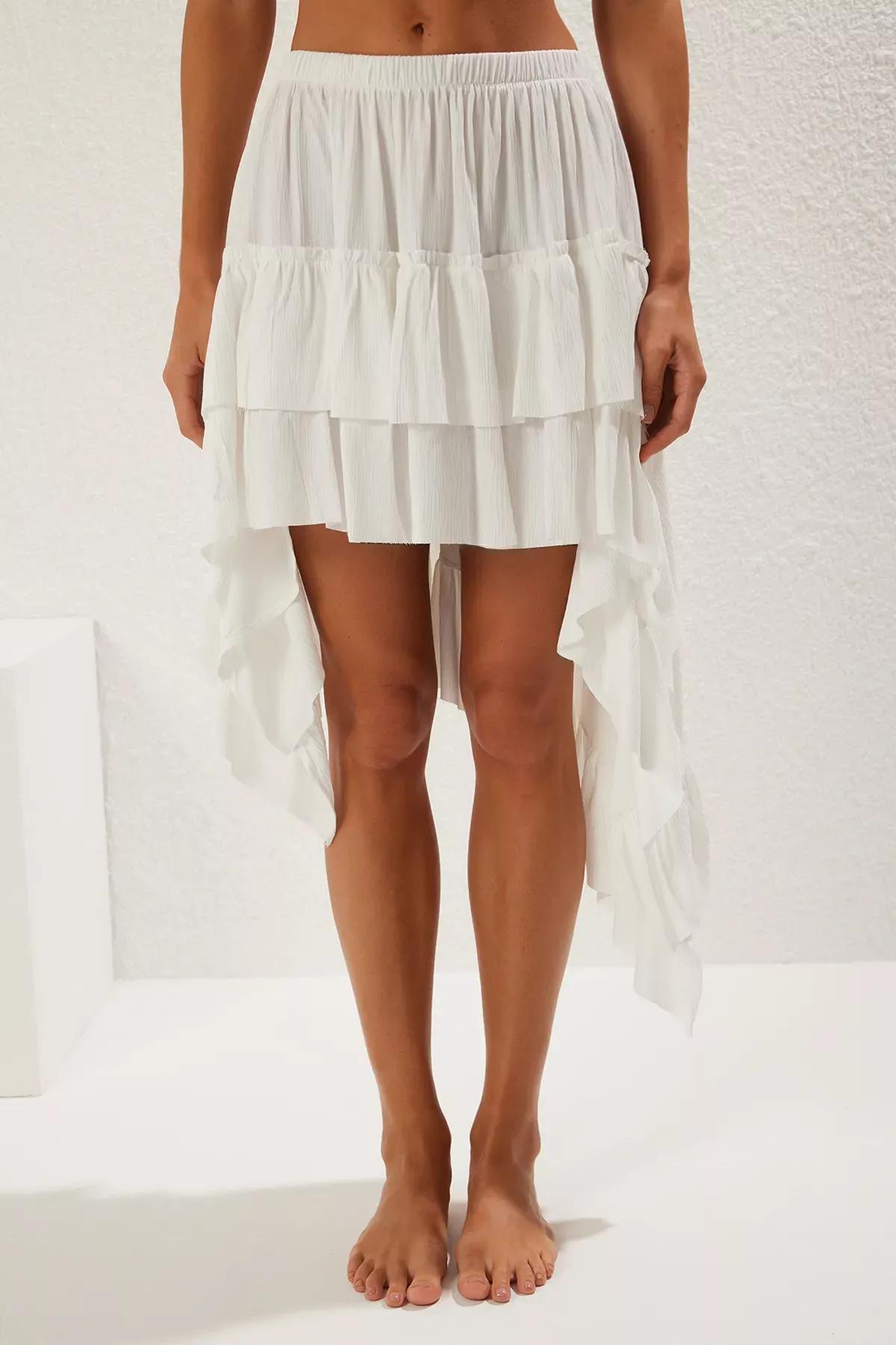 Beige Woven Ruffle Beach Skirt, Ecru, large image number 2