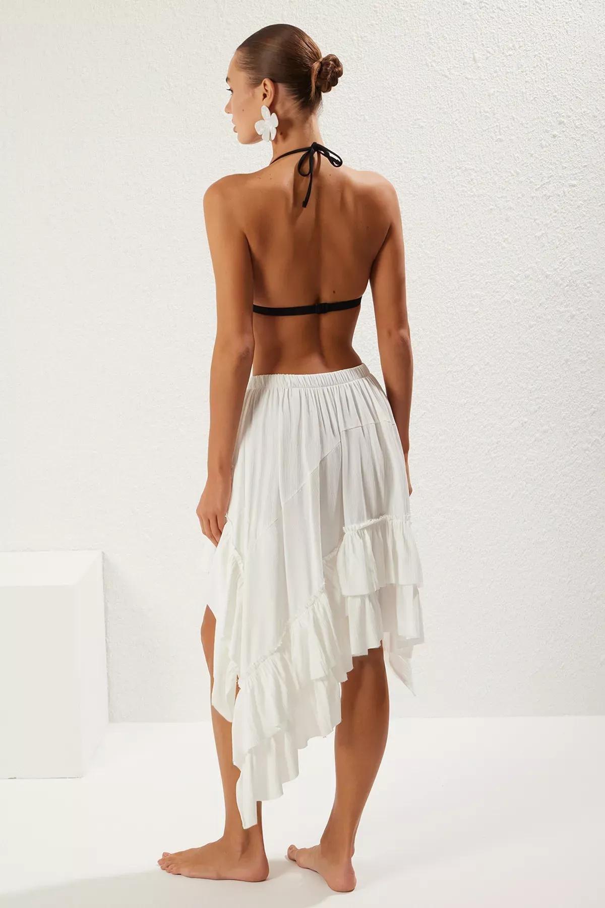 Beige Woven Ruffle Beach Skirt, Ecru, large image number 4