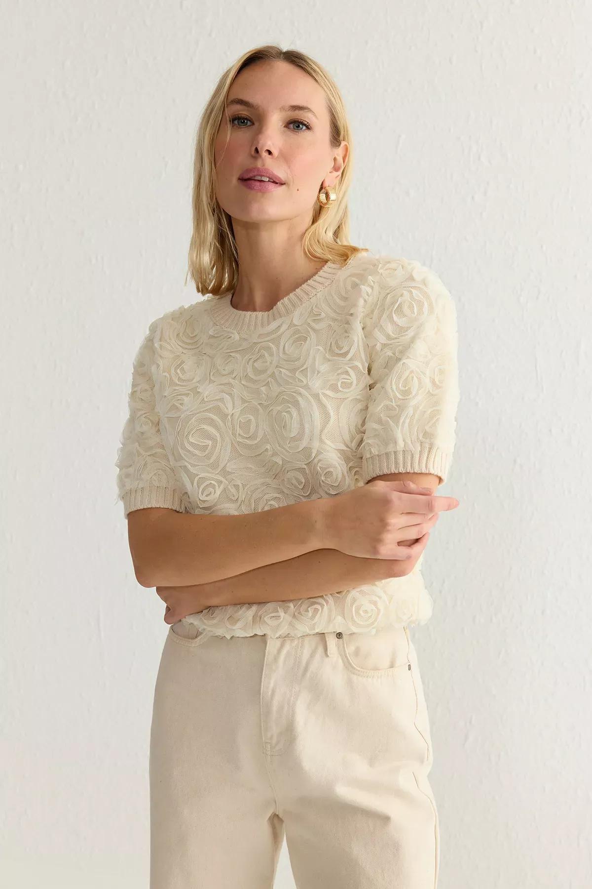 Beige Tulle Rose Print Blouse, Ecru, large image number 1